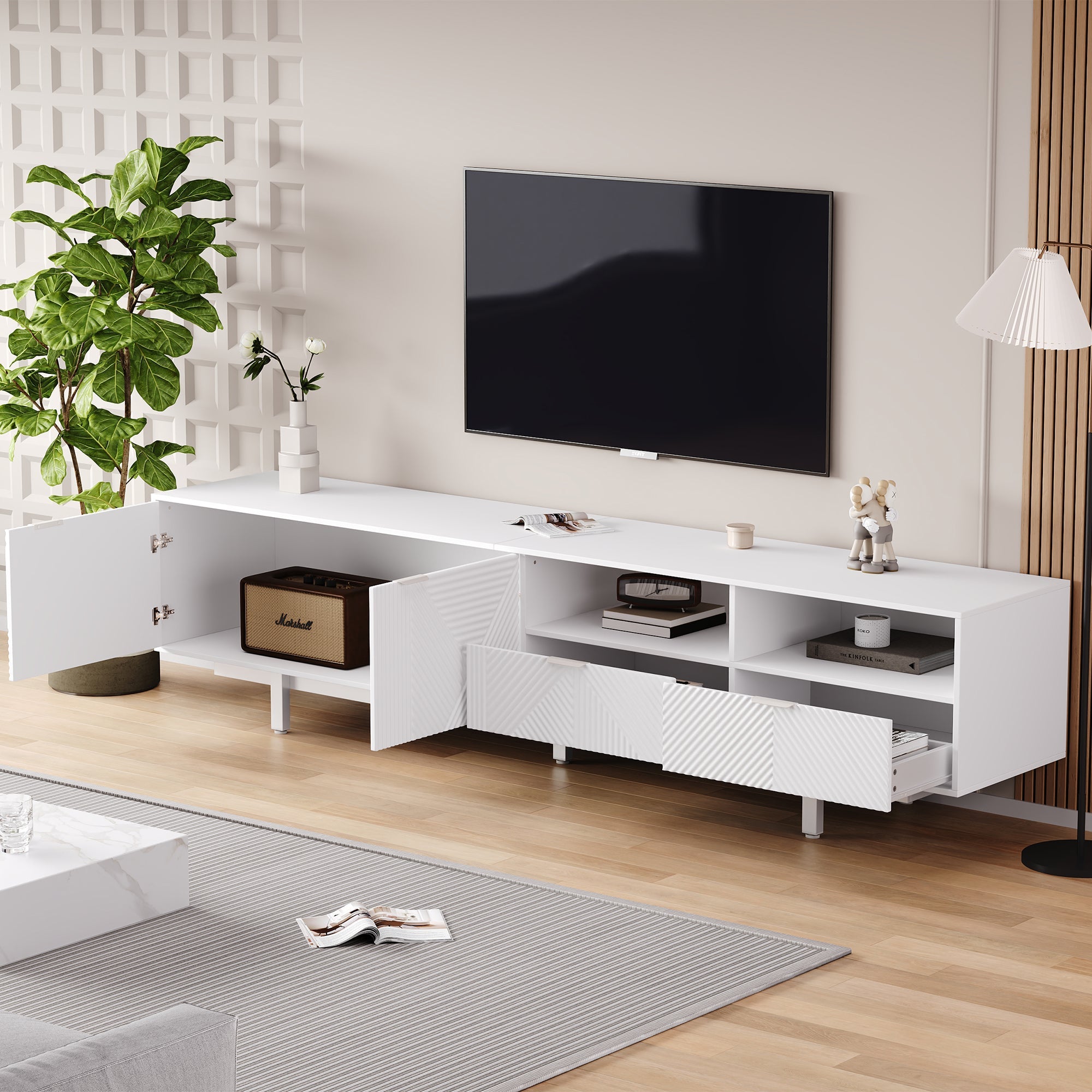 TV Cabinet, Modern Bohemian Abstract Geometric Lines, White, 200x40x51cm for 90-inch TVs