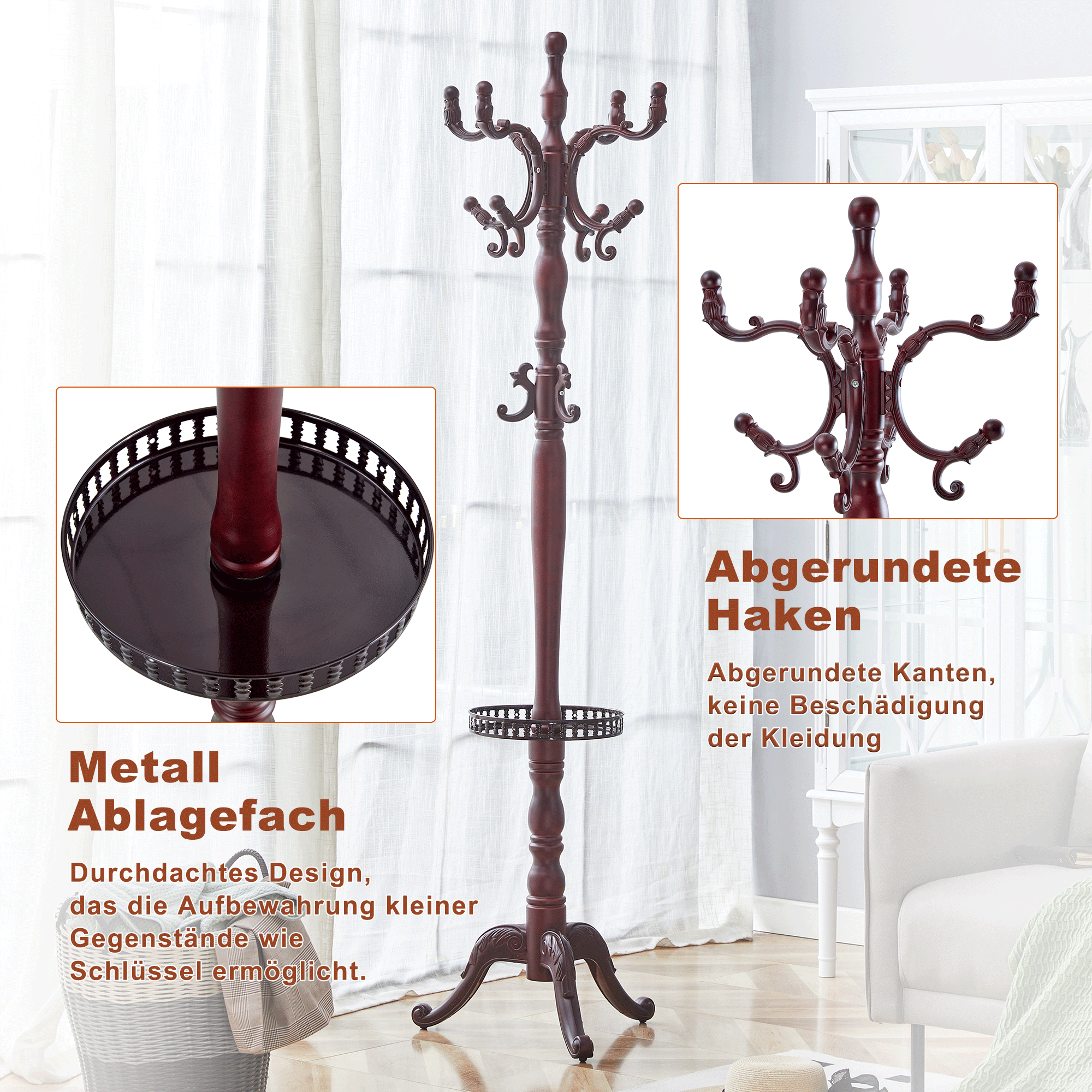 Clothes Rack Multi-Hook Freestanding - Solid Walnut Wood