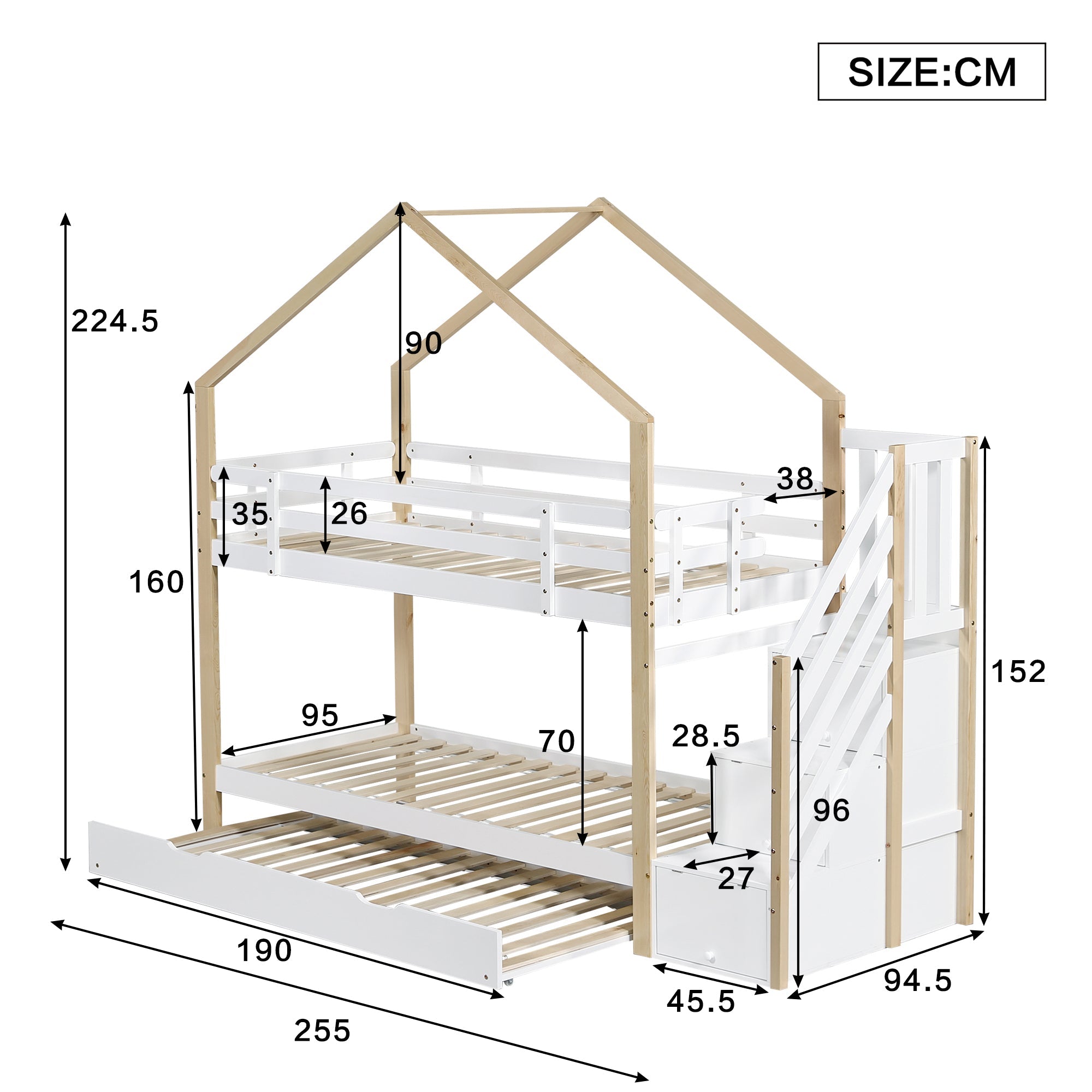 Bunk Bed, Pull-Out Treehouse with Sliding Bed & 3-Drawer Stairs, Natural + White