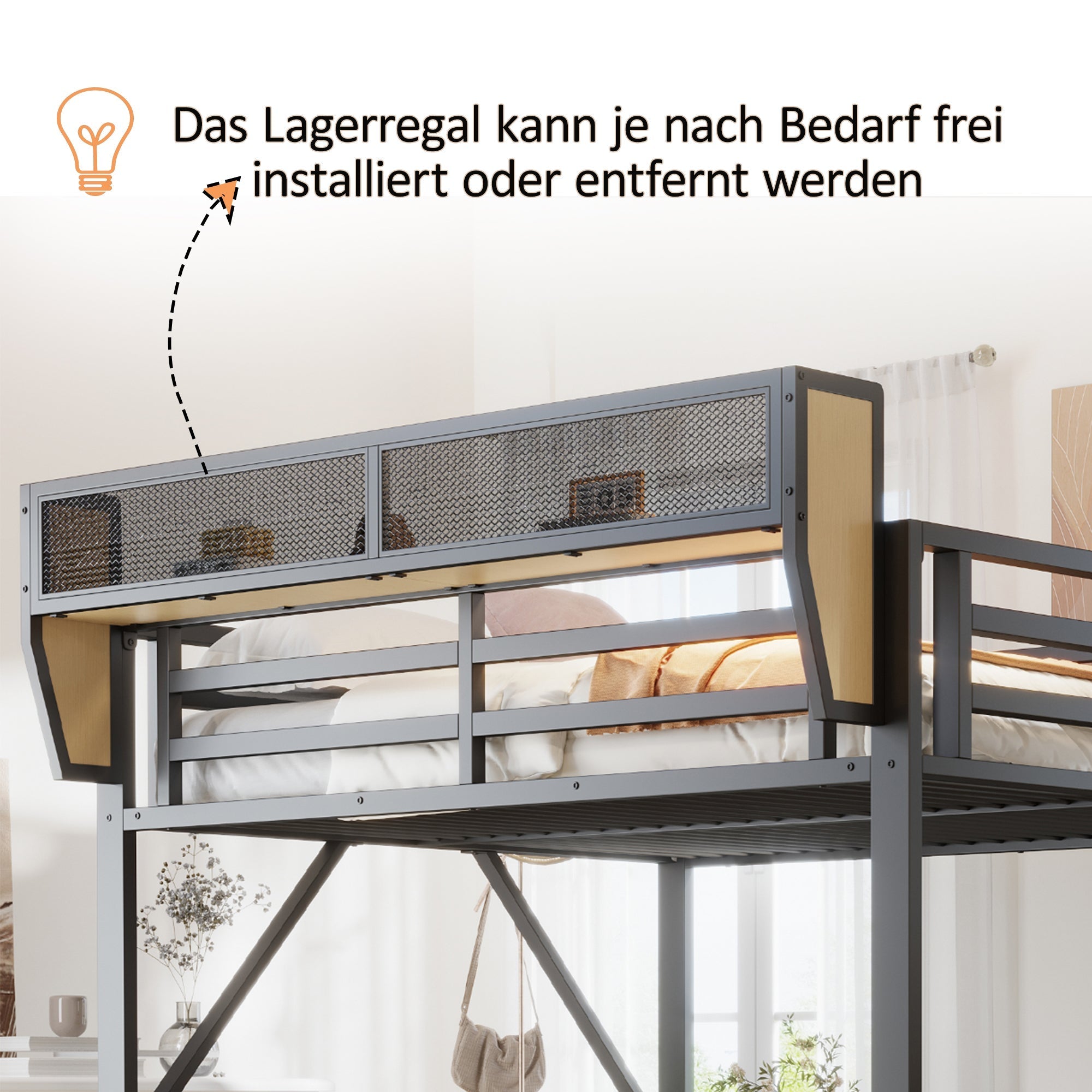 Metal Loft Bed with Desk, Shelf, Storage Net, LED and Socket, 140x200cm, Black Metal