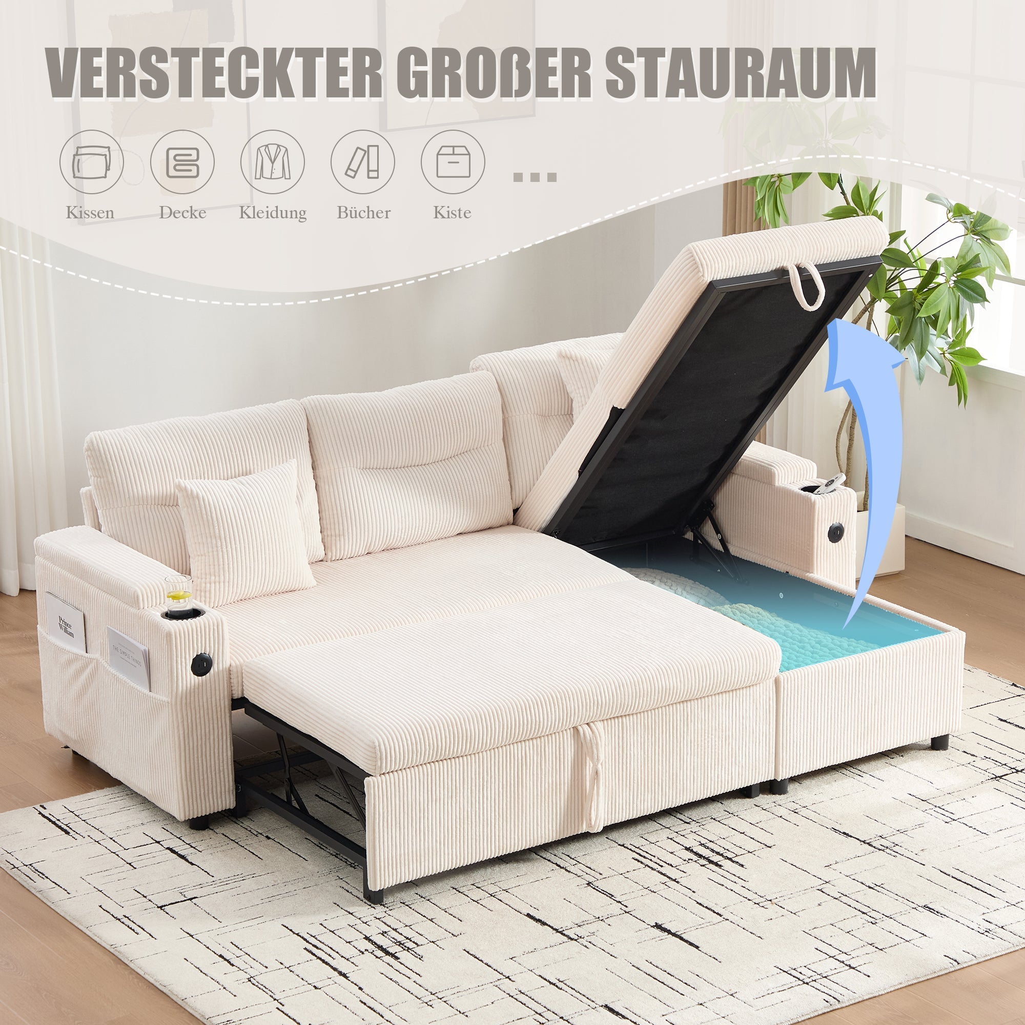 Sofa Bed 3-Seater Hydraulic Chaise Storage USB-C Cup Holders Corduroy