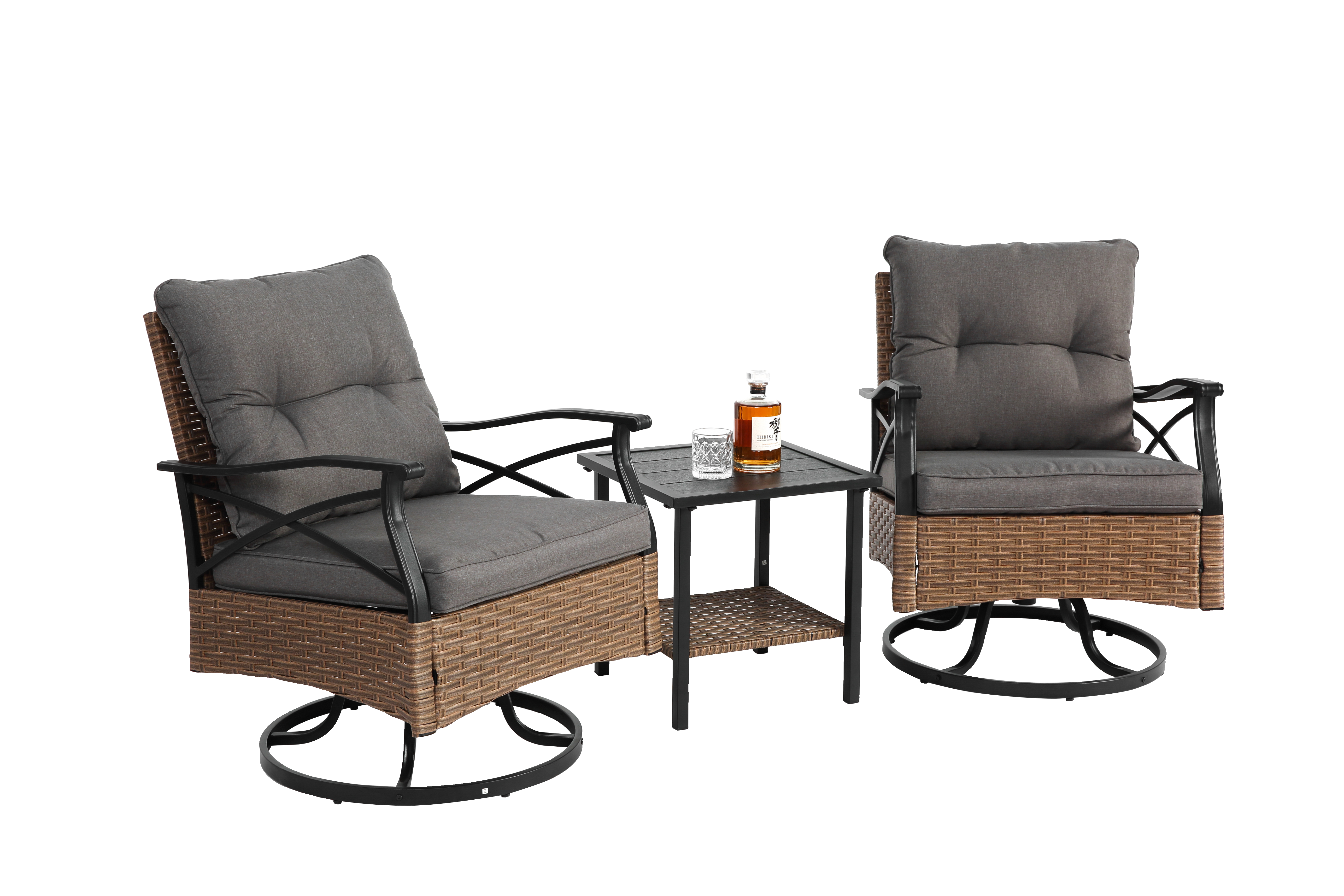 Outdoor Swivel Rocking Chair Set, 3 Pieces with 1 Table and 2 Chairs, 350lb Support, Brown Wicker