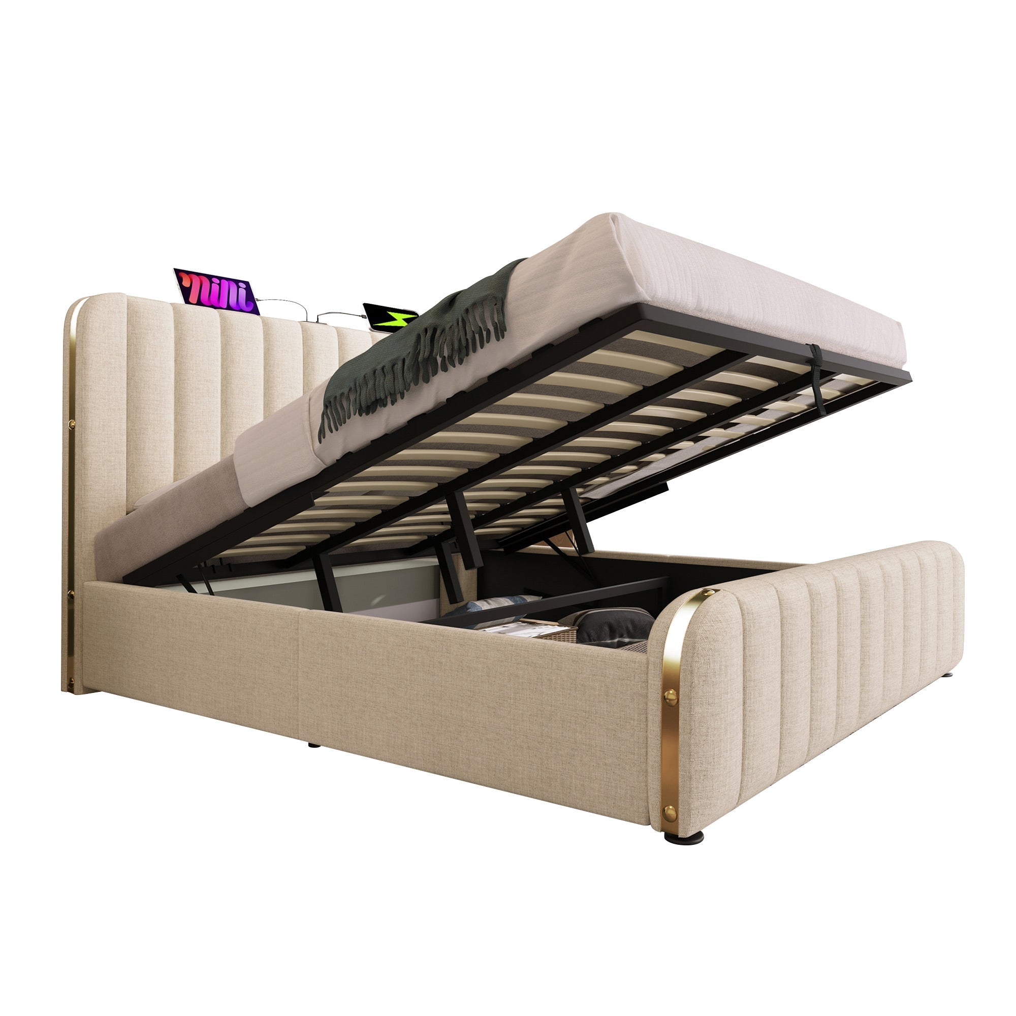 Upholstered Bed with Double Padded Headboard, USB Type-C and Hydraulic Storage, 180x200cm, Beige Linen with Mattress