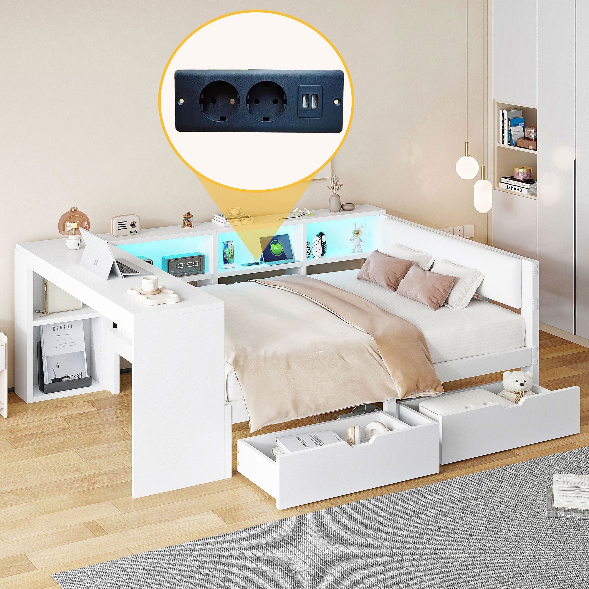 Platform Bed 140x200 Upholstered Headboard Storage Drawers LED Charge Station - White