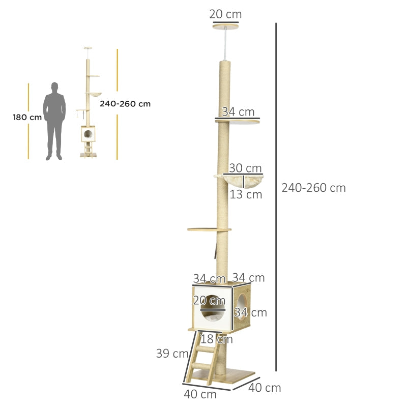 Cat Tree, Ceiling-High Cat House Two Platforms Hammock Anti-Tip, Light Brown + Beige