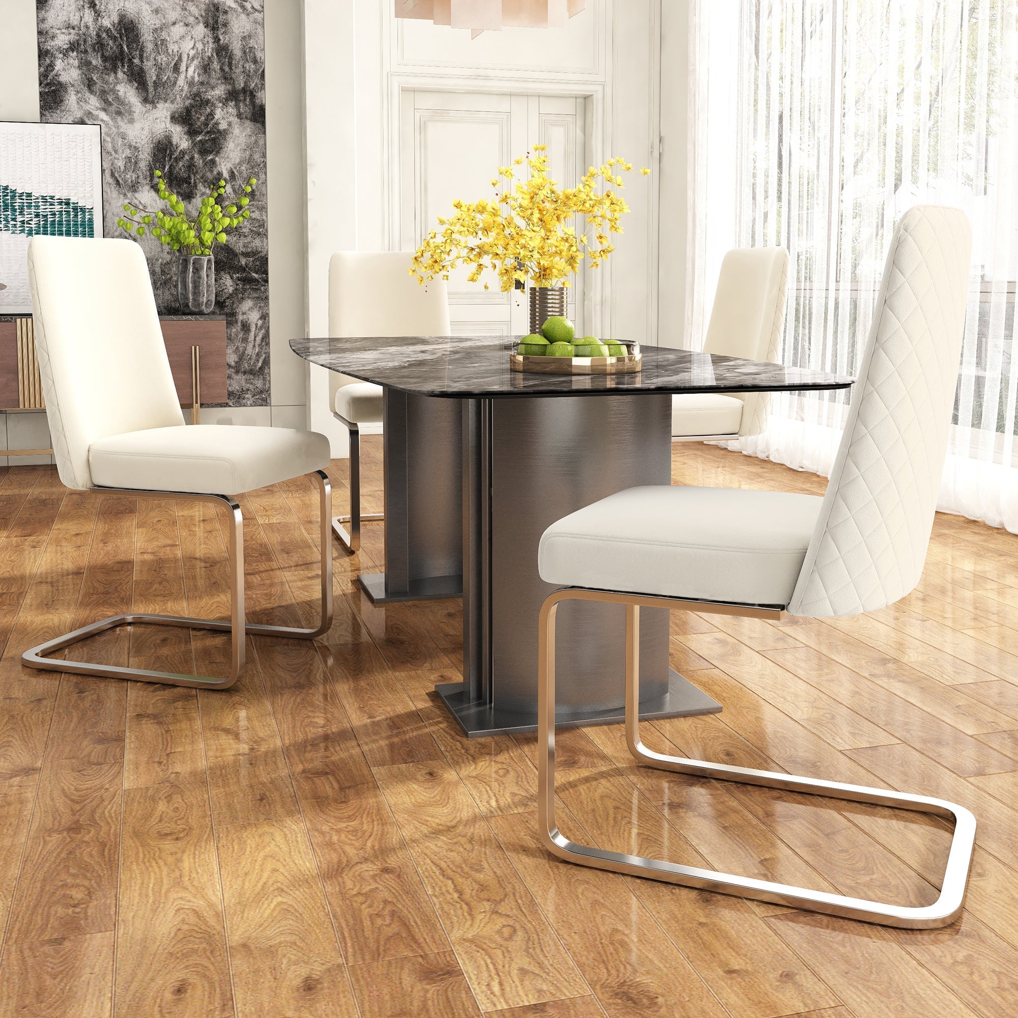 Velvet Dining Chair Set of 4, Diamond Back Silver Metal Legs, Beige