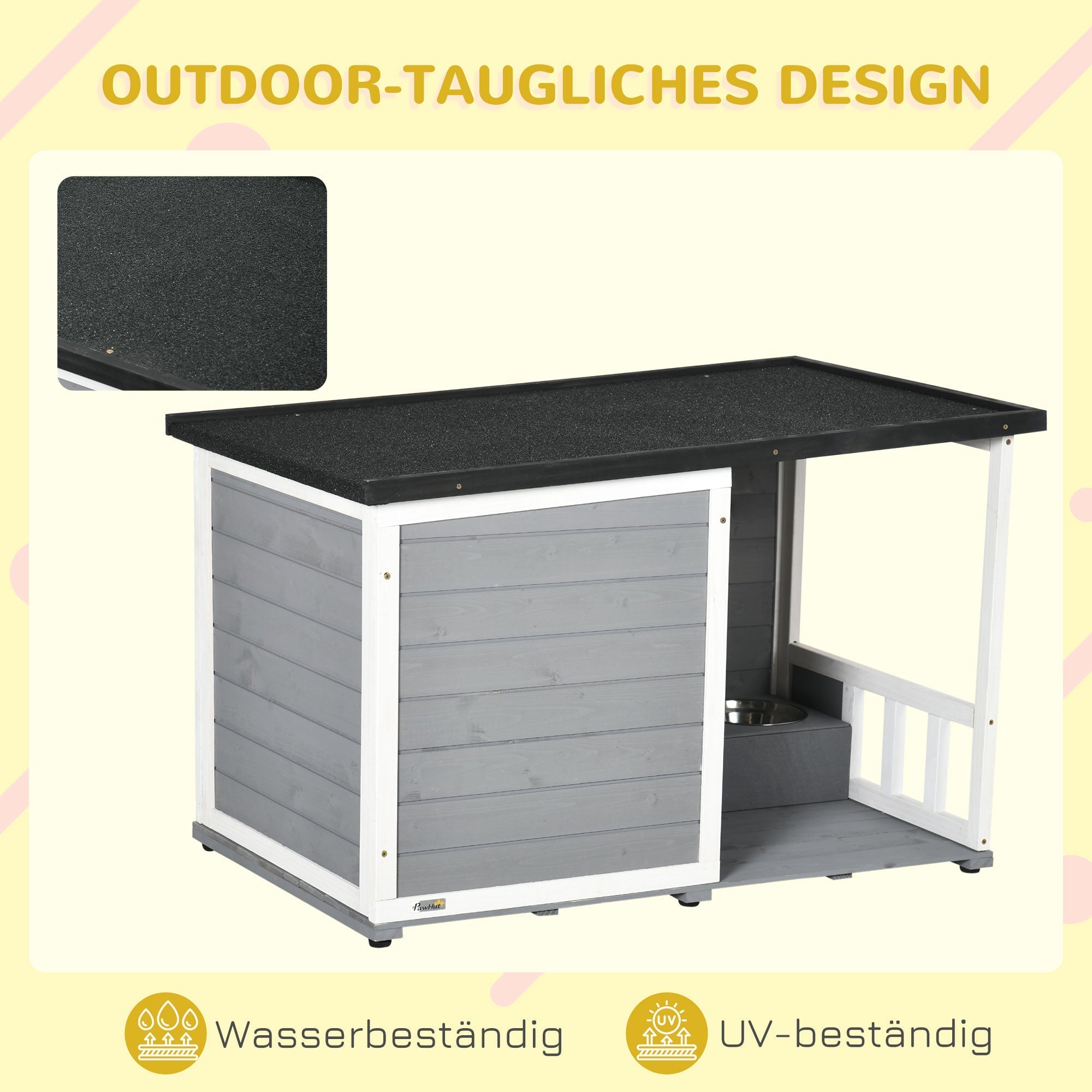 Dog House with Terrace, Fir Wood, Weather-Resistant, 2 Bowls, Asphalt Roof, Grey