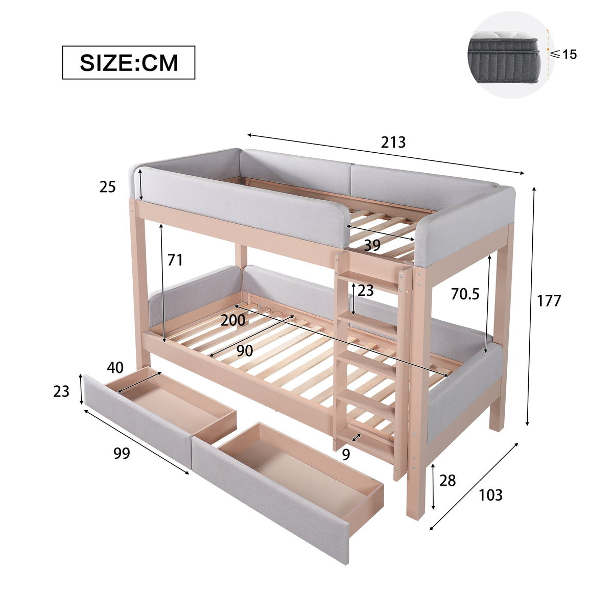 Bunk Bed with Anti-Collision Edge, Straight Staircase and Two Drawers, 90x200cm, Grey and Natural Rubberwood + MDF