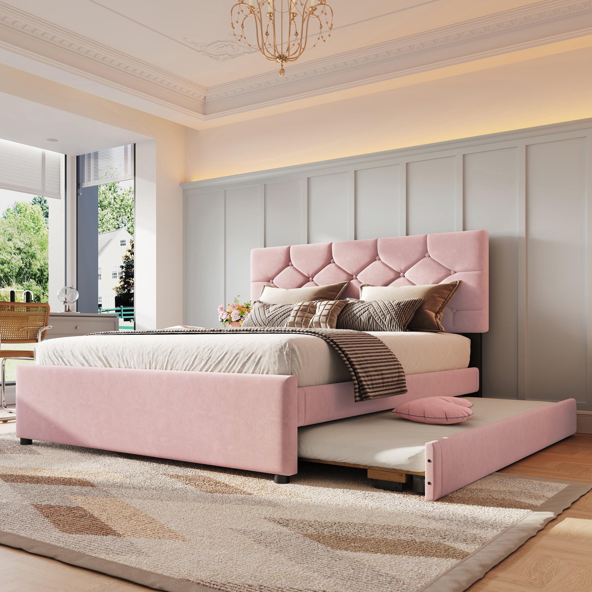 Upholstered Bed 140x200cm Rolling Storage Slatted Base Minimalist - Velvet Pink