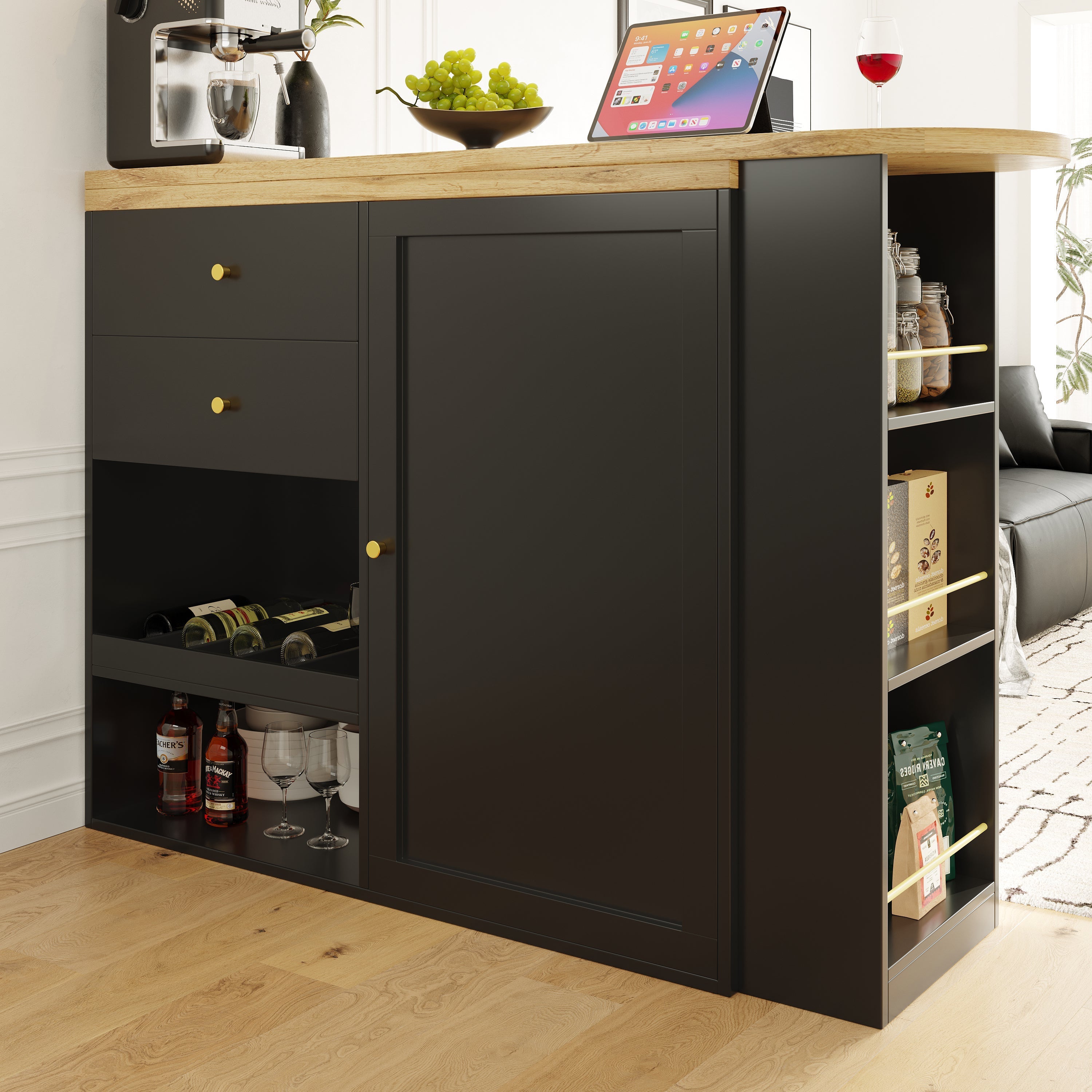 360° Swivelling Bar Table with 2 Drawers, Sliding Door Cabinet & 3 Levels of Open Storage, MDF
