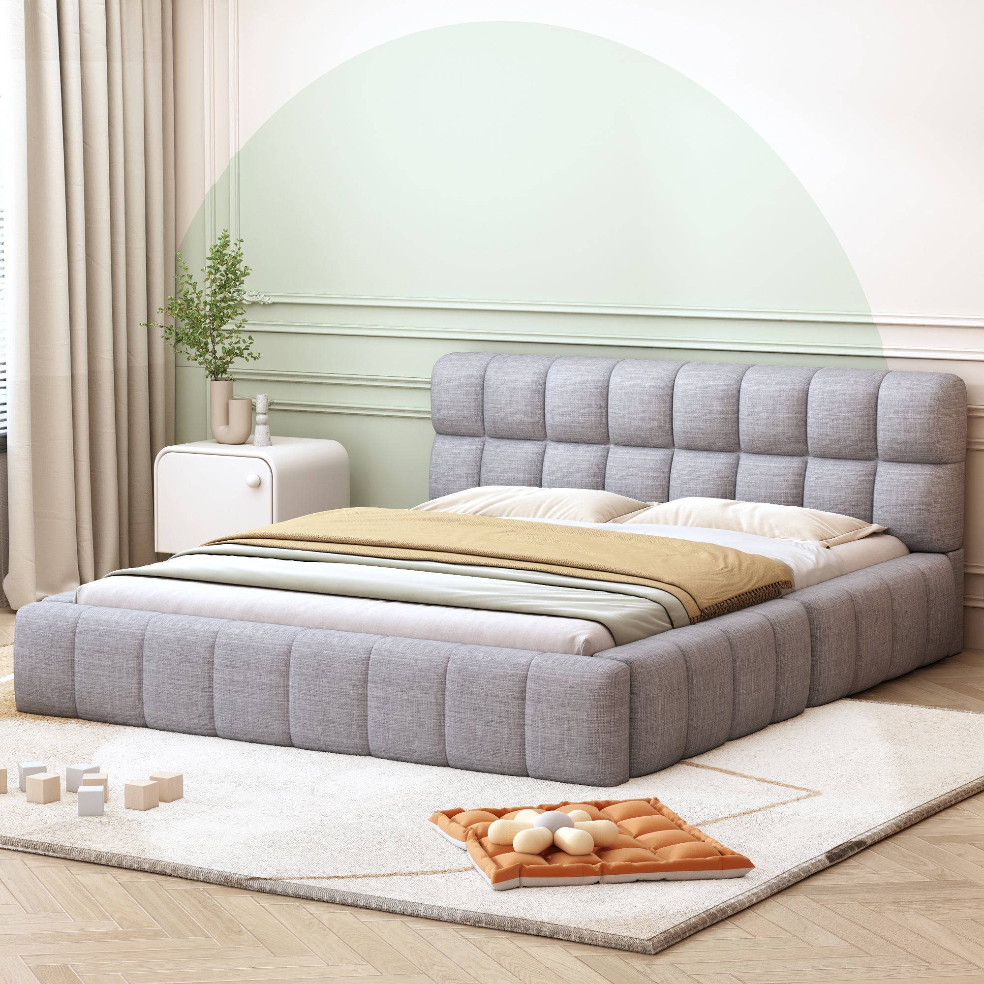 Upholstered Bed 140x200cm Double with Soft Backrest, Linen Grey