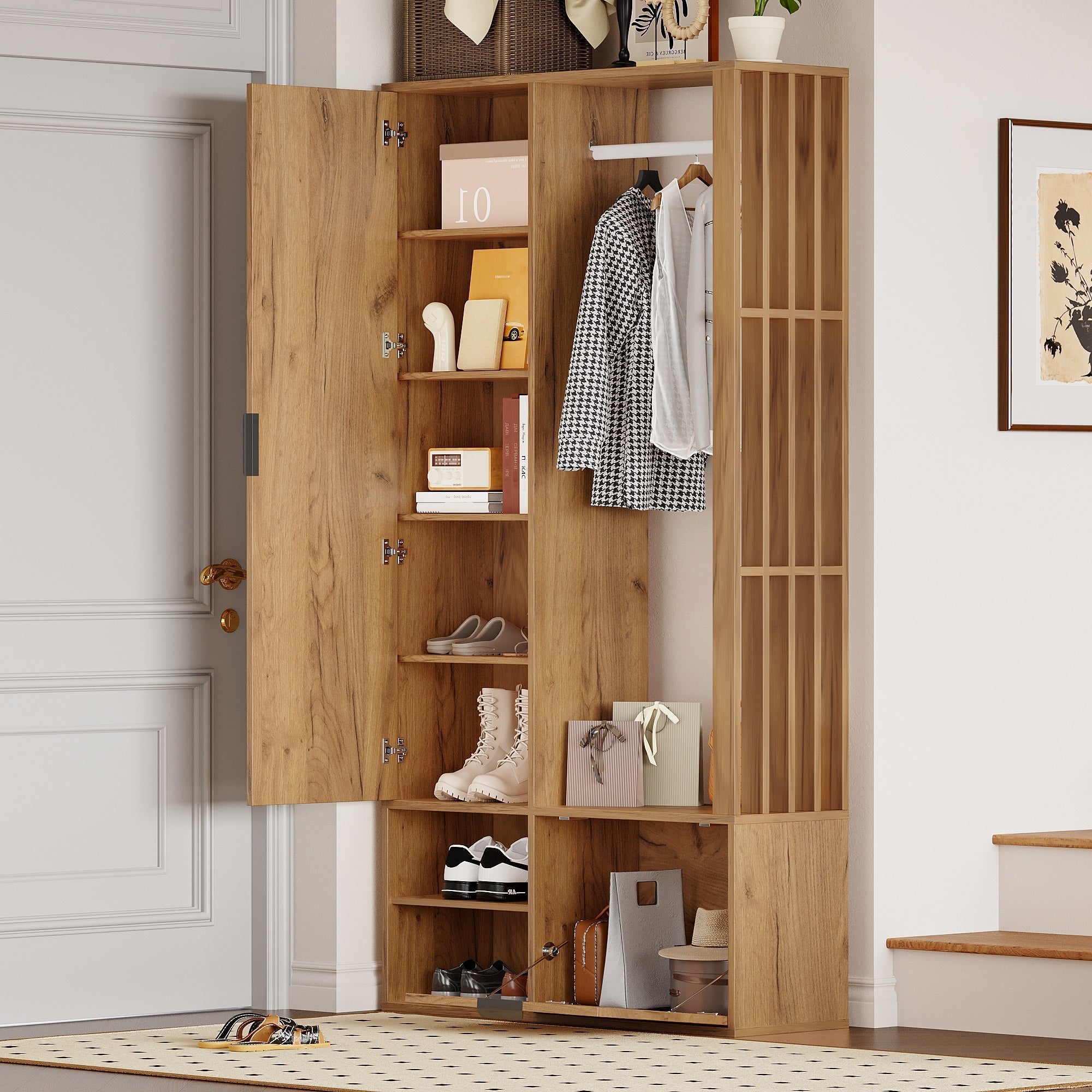 Wardrobe with Hallway, 6-in-1 Entryway 100x33x190cm Clothes Rack Mirror, Wood Color