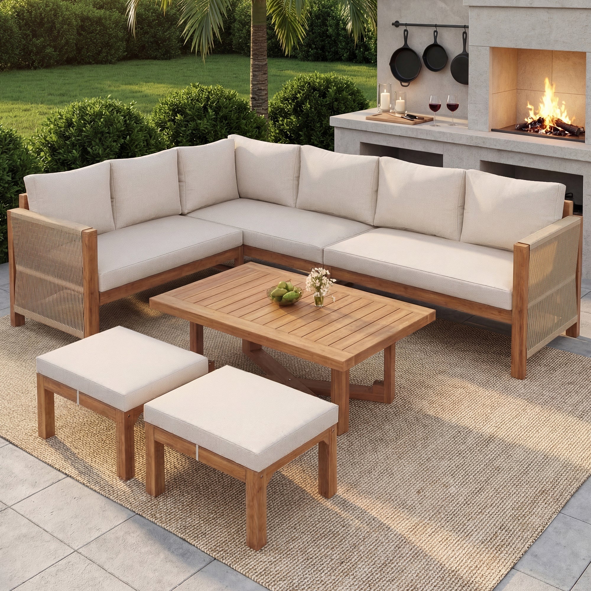 Modular Garden Furniture Set with 6-Seater Corner Sofa, 2 Stools and Table, Acacia Wood