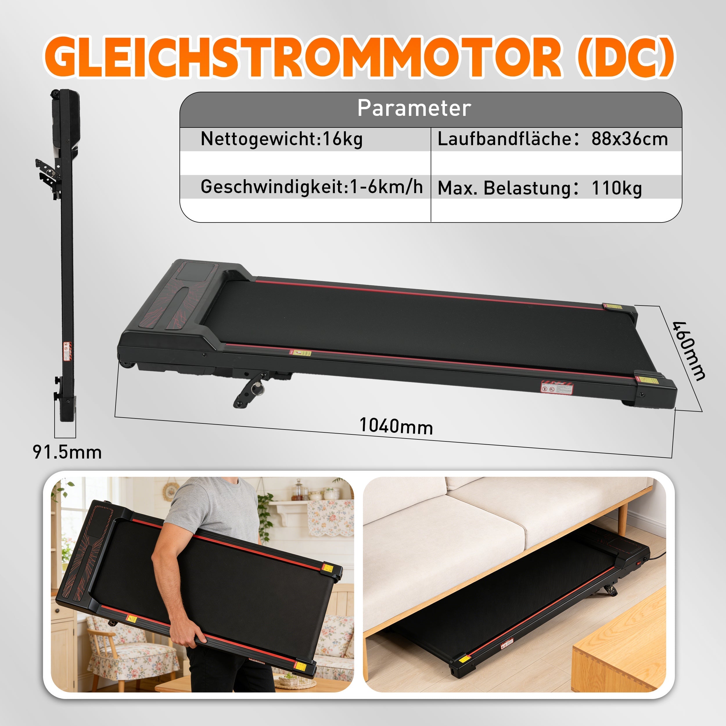Walking Pad Treadmill with Adjustable Incline and Remote Control, 1-6 km/h 2-in-1 Portable Design, Black