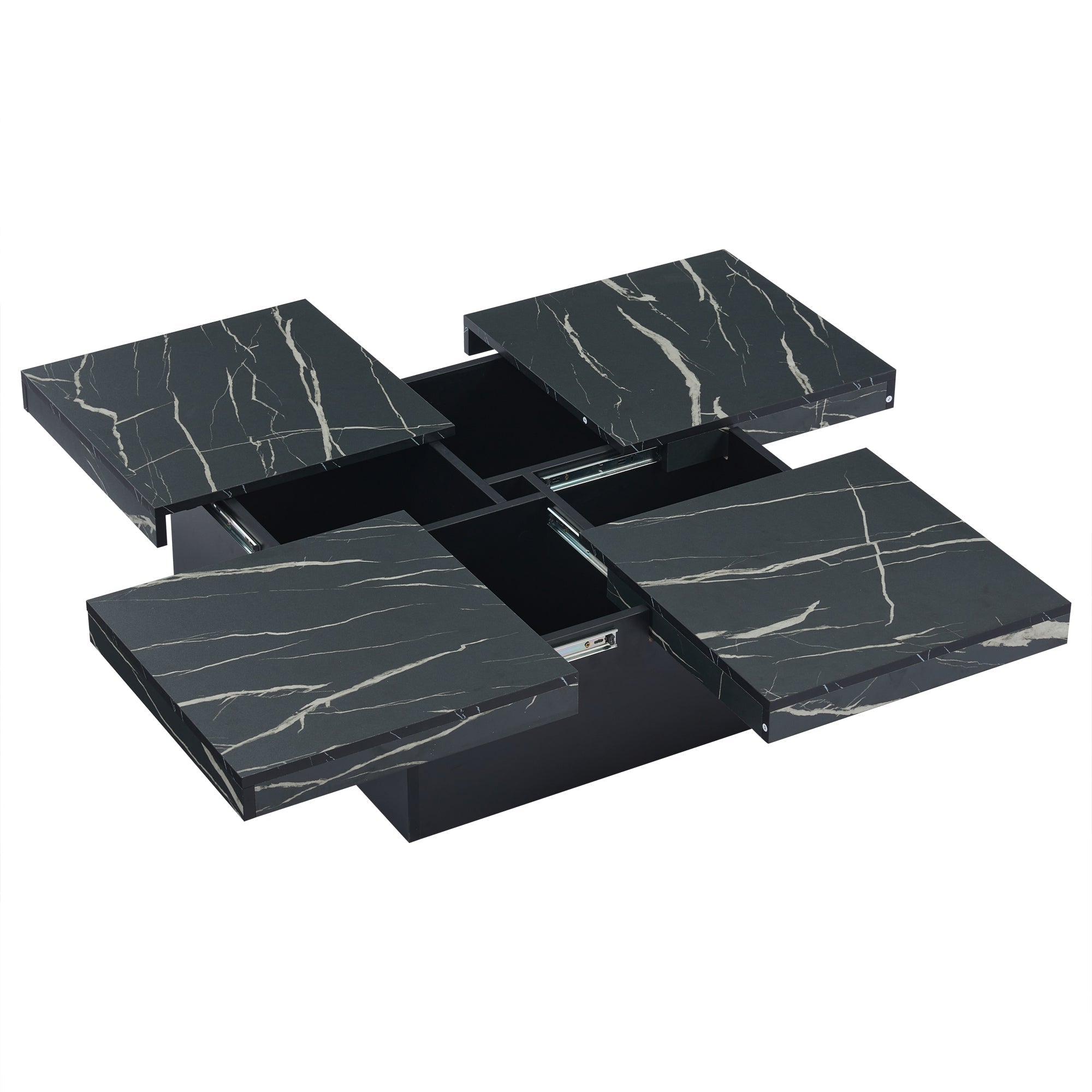 Coffee Table, Square 90x90x25cm with Four Drawers, Sliding Tabletop, Black Marble Look