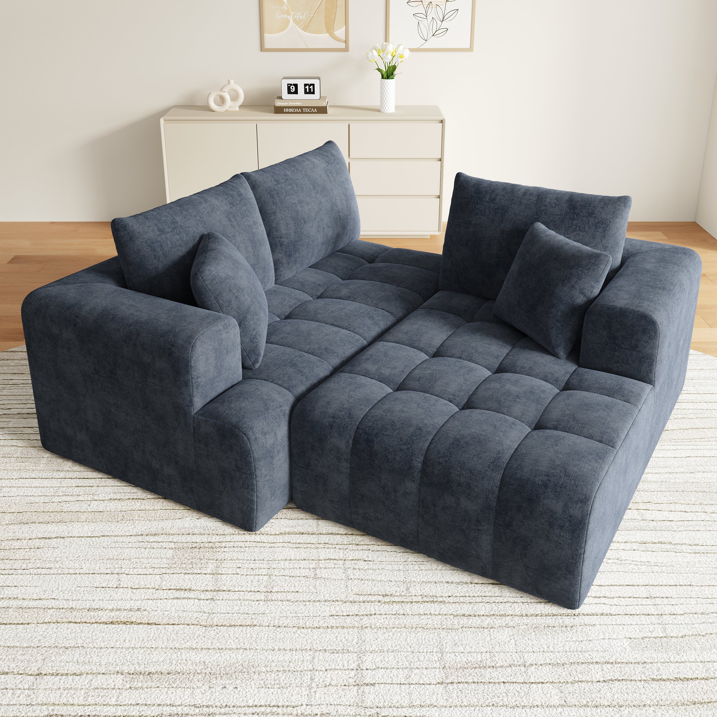 Modular L-shaped Corner Cloud Sofa, Frameless and Freely Combinable, Blue Chenille