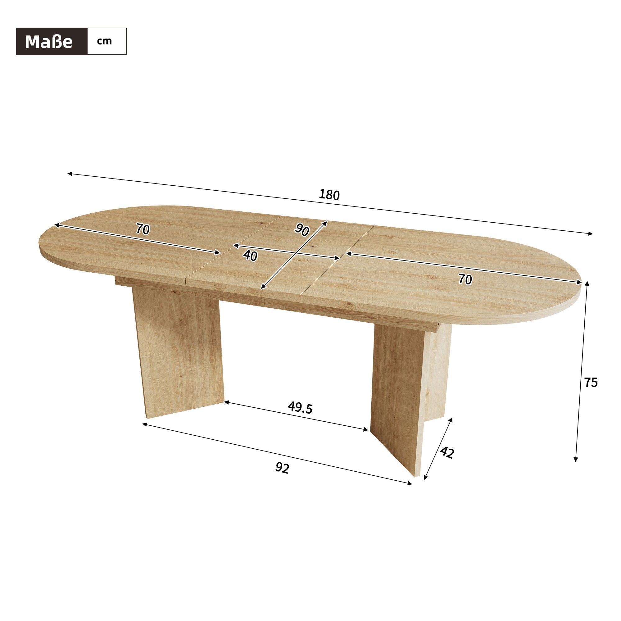 Extendable Dining Table 140/180x90 cm Seats 6-8 Rounded Corners Simple Style Oak Color