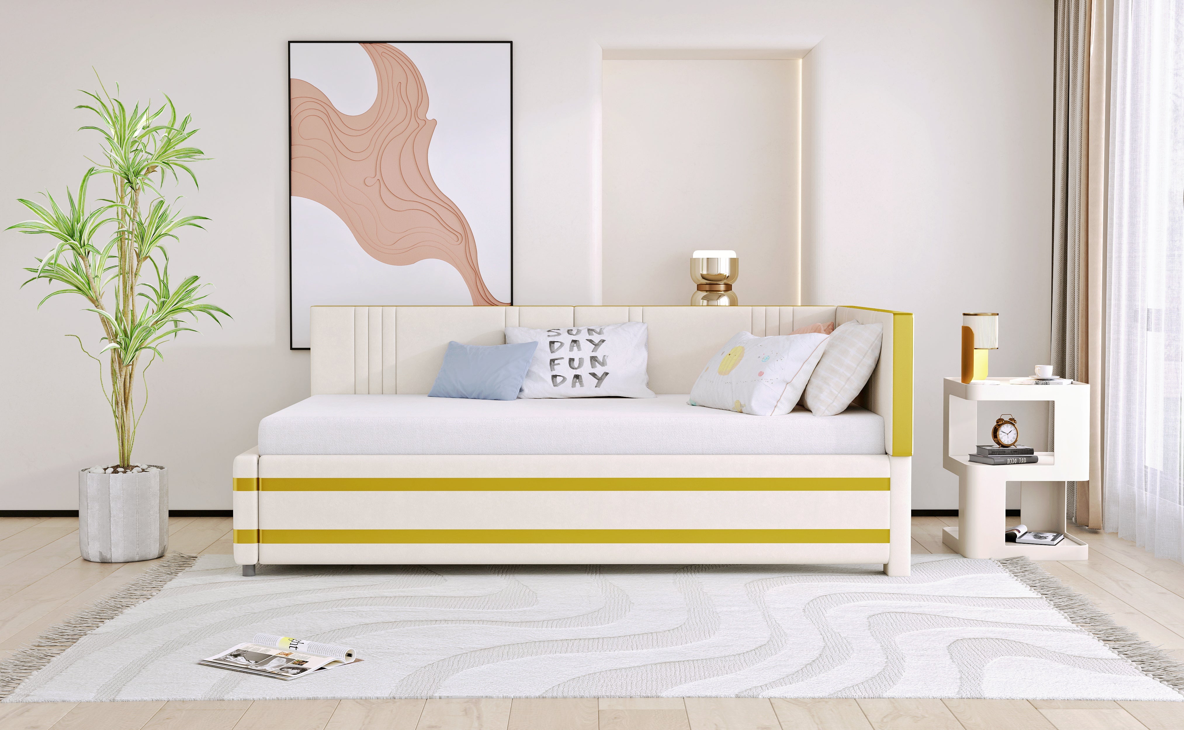 Upholstered Bed Sofa Bed 90*200 Multifunctional with Slatted Frame, Velvet Beige