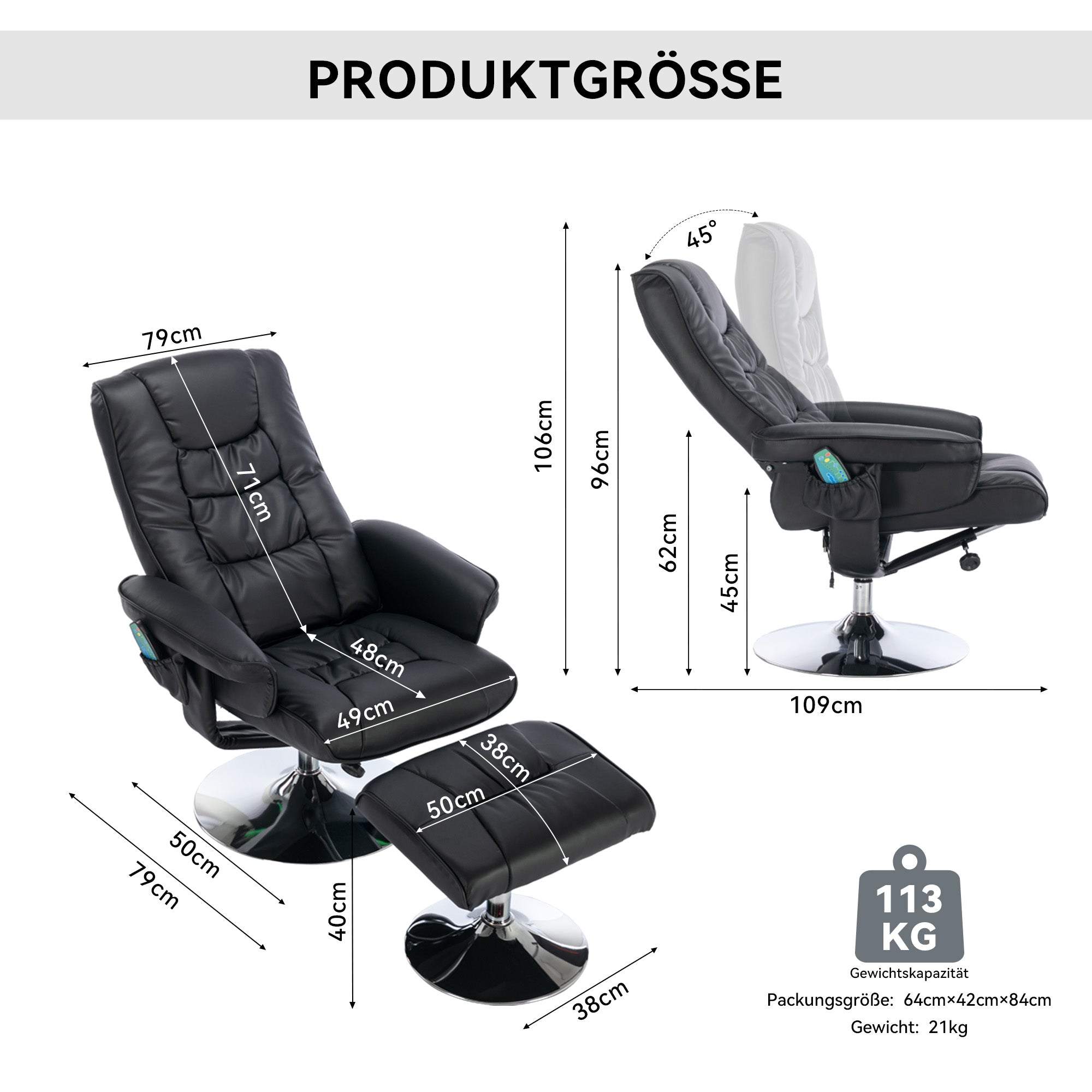 Massage Chair with Ottoman, 5-Point Massager, PU Upholstery, Black