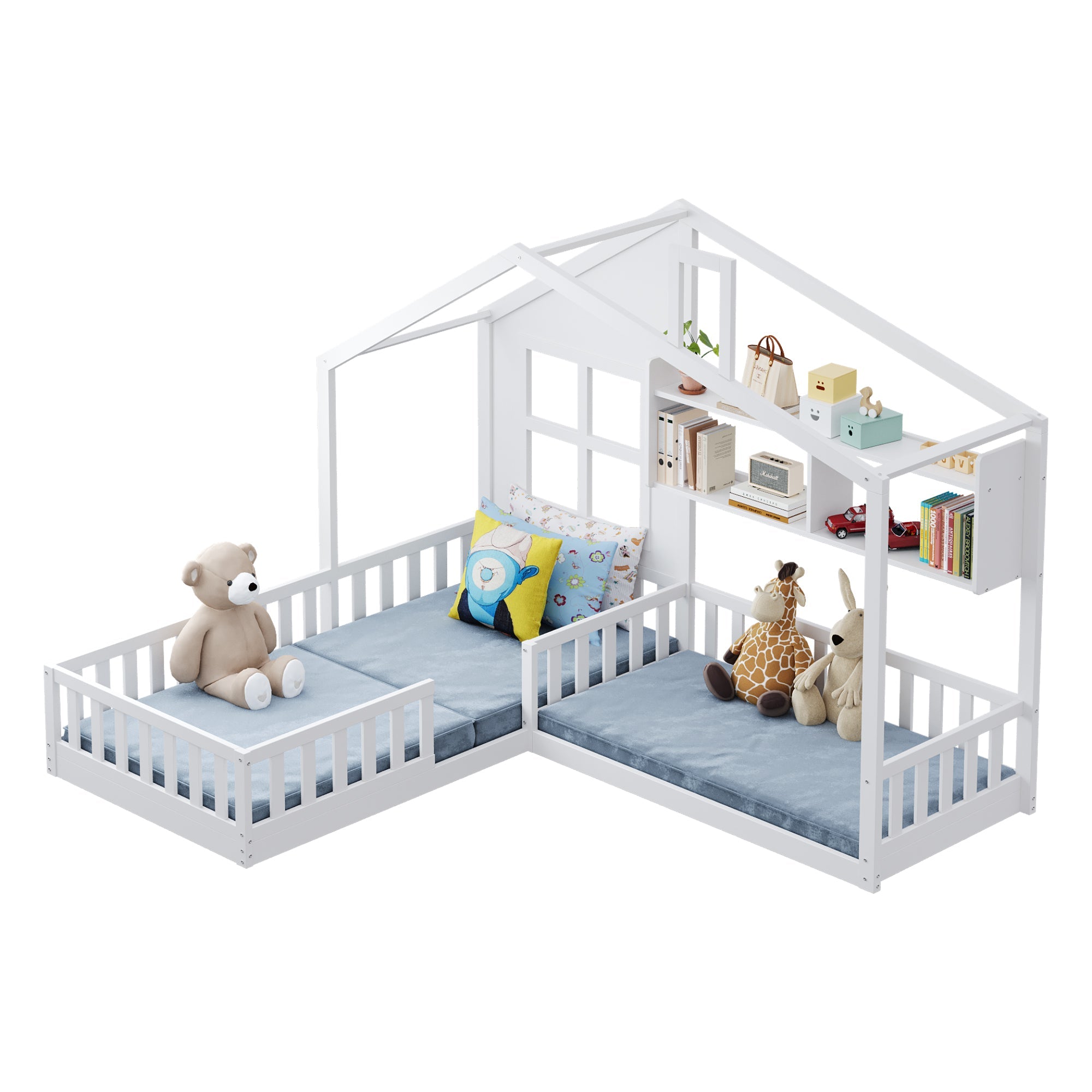 Children's Bed with Window, Shelves and LED Light Strip, 90x200cm, White Solid Wood
