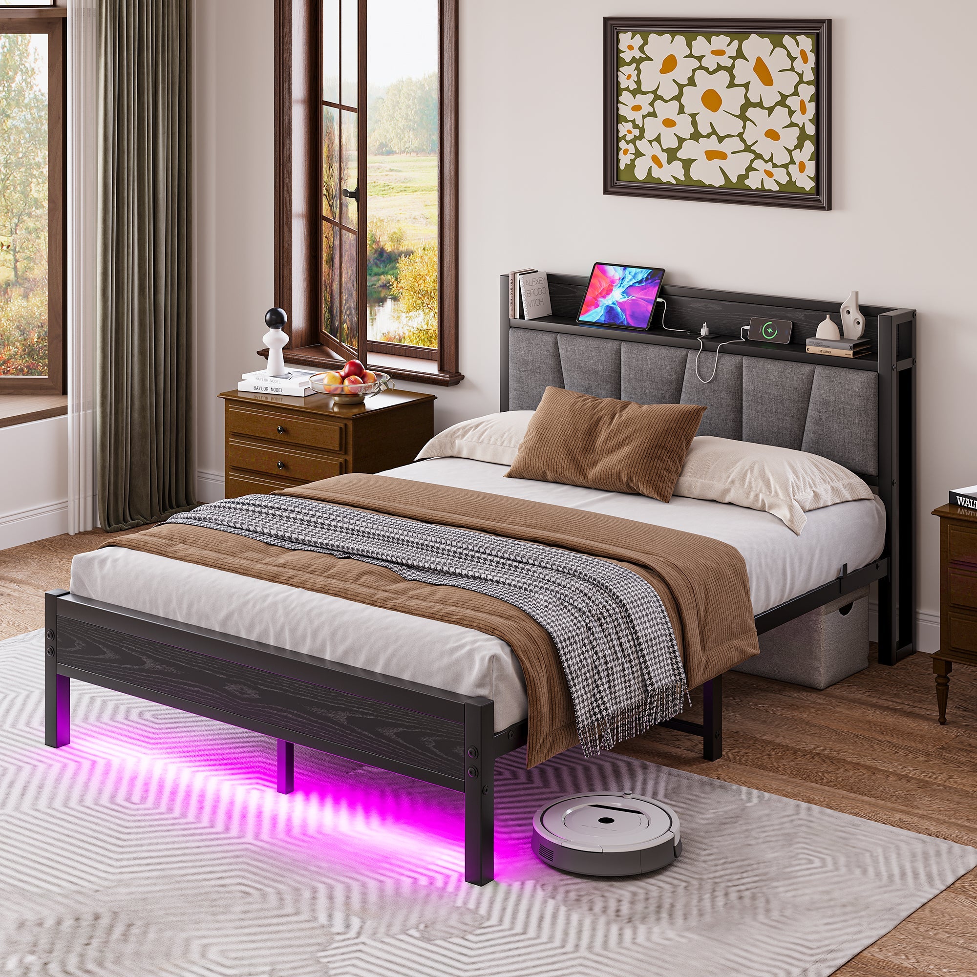 Bed Frame 140x190cm, Smart LED Lights, USB Charging Headboard, Metal