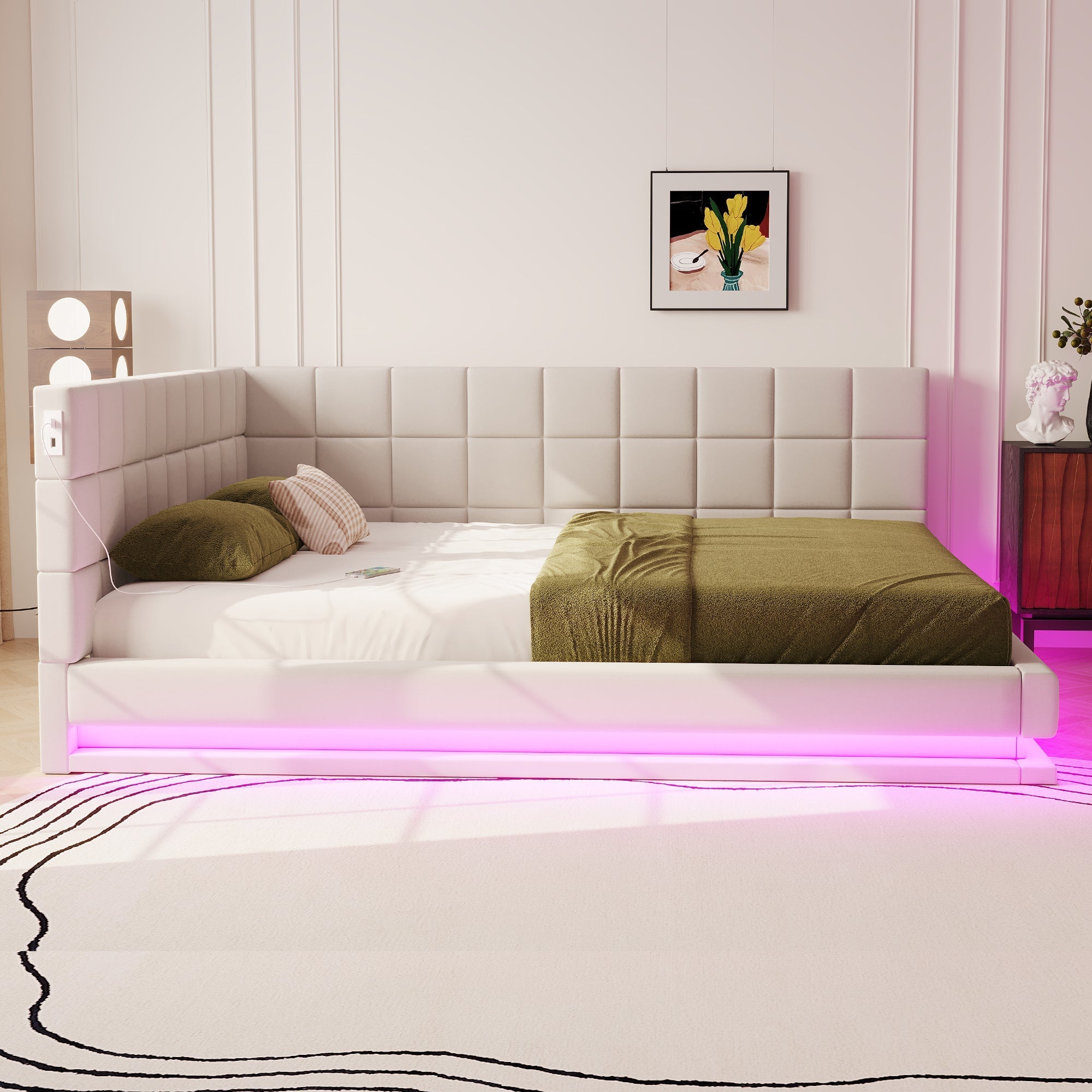 Sofa Bed, Upholstered 160*200 Multifunctional with LED, USB, Linen Fabric Beige