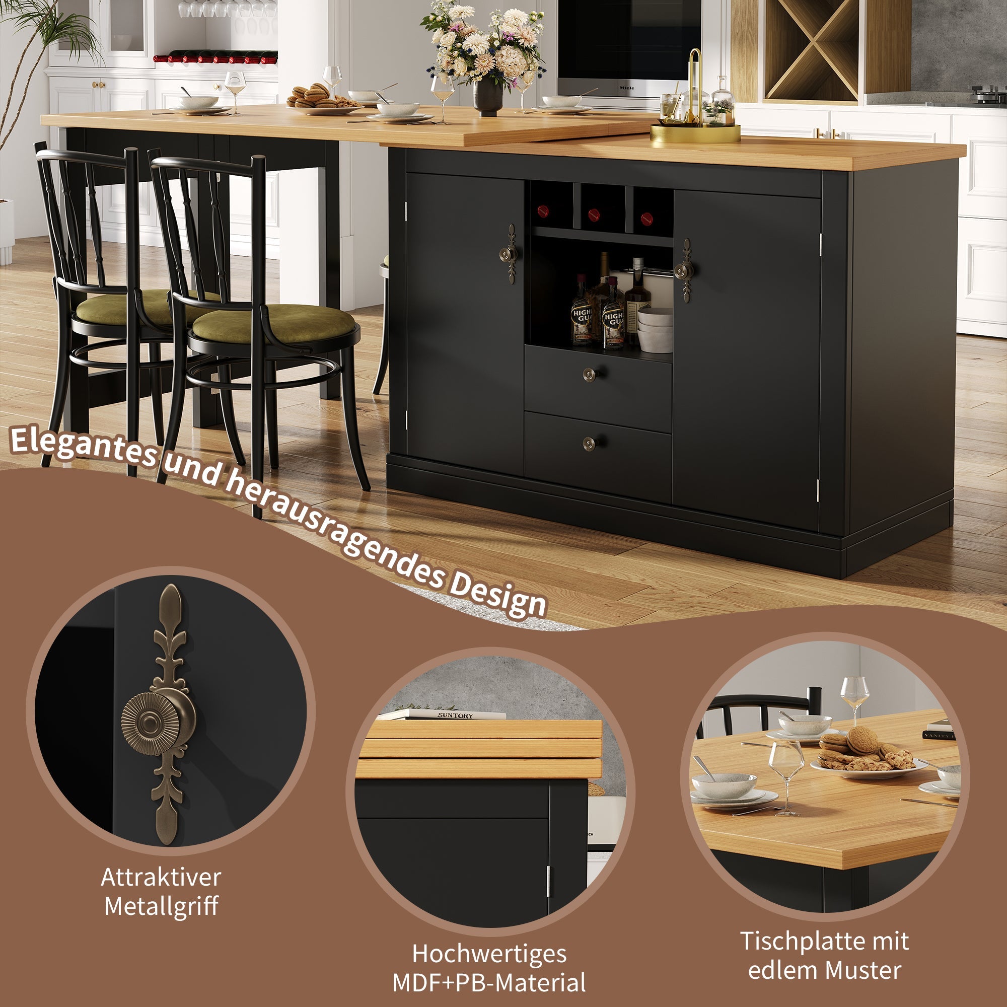 Extendable Bar Table with 360 Swivel Function and Storage Space, 120-180cm, Black