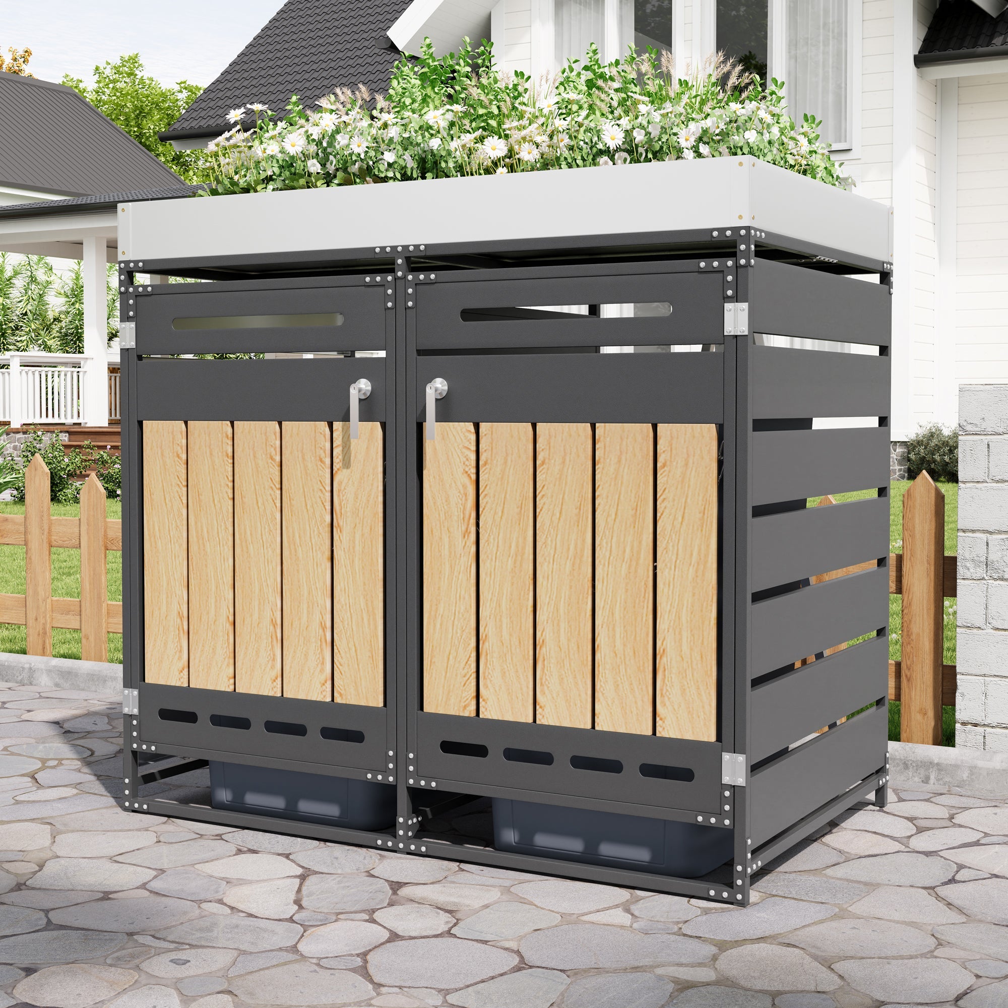 Outdoor Iron Bin Storage Cabinet with Planter Box, Slotted Ventilation and Lock, Wood Grain Panels
