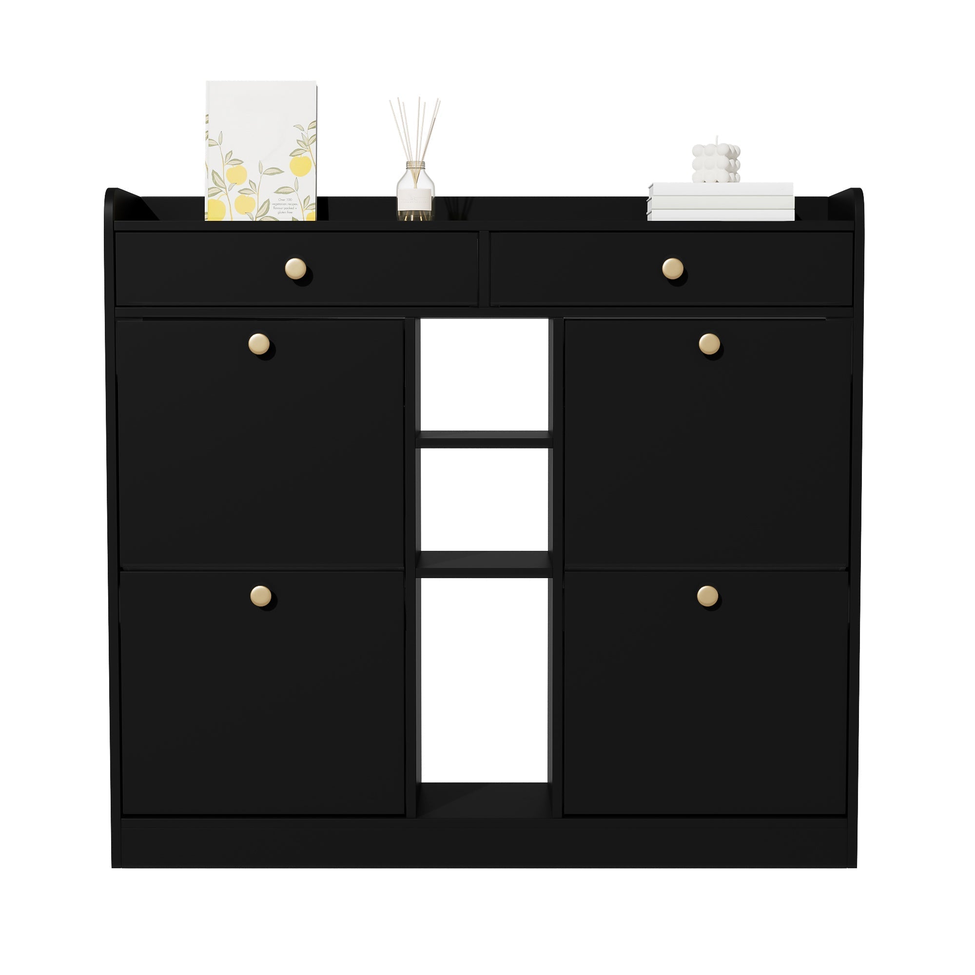 Shoe Cabinet, 4-Door, 2-Drawer, 3-Compartment, Black