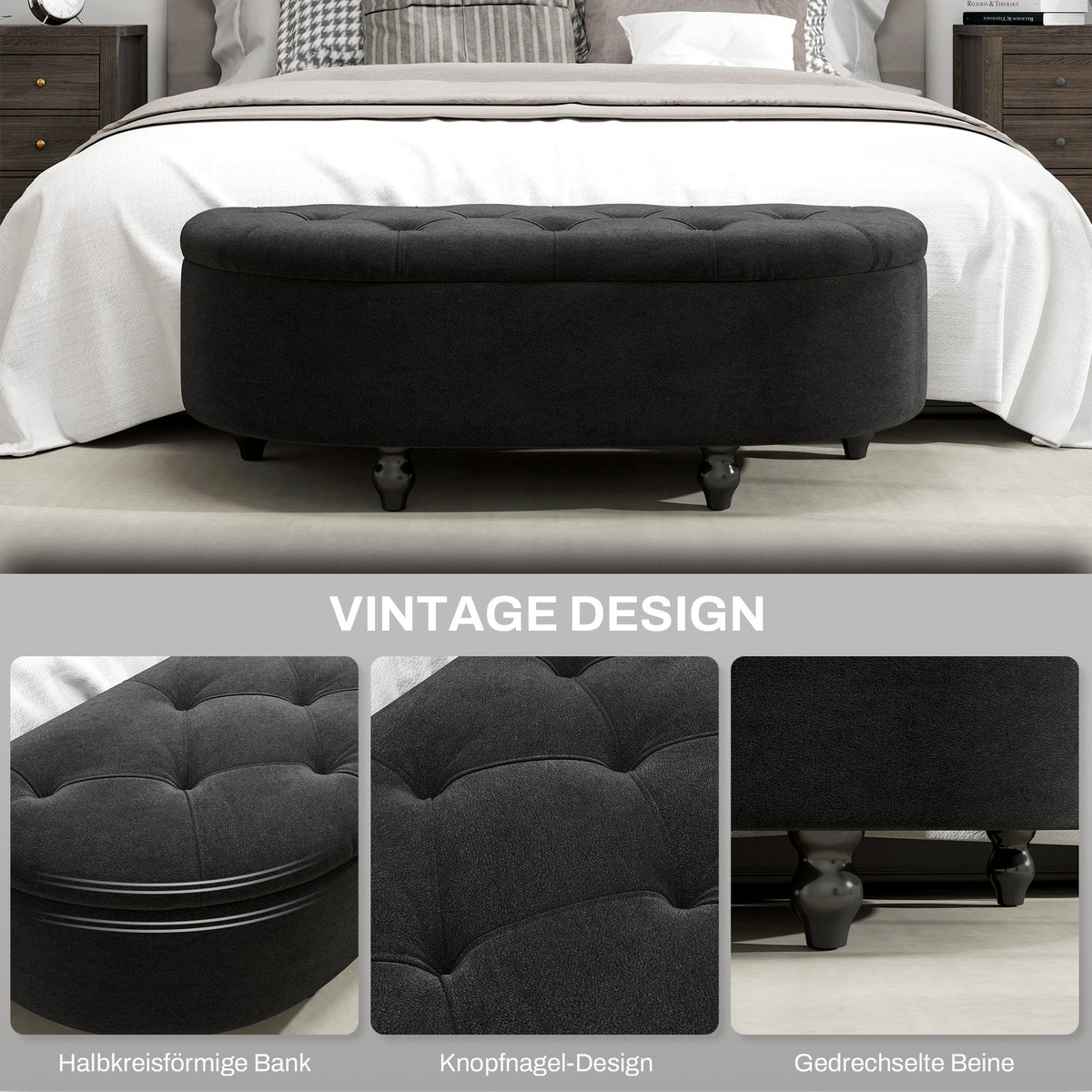 Storage Bench with Open Lid Upholstered 120x46x42cm, Dark Grey Velvet-Touch