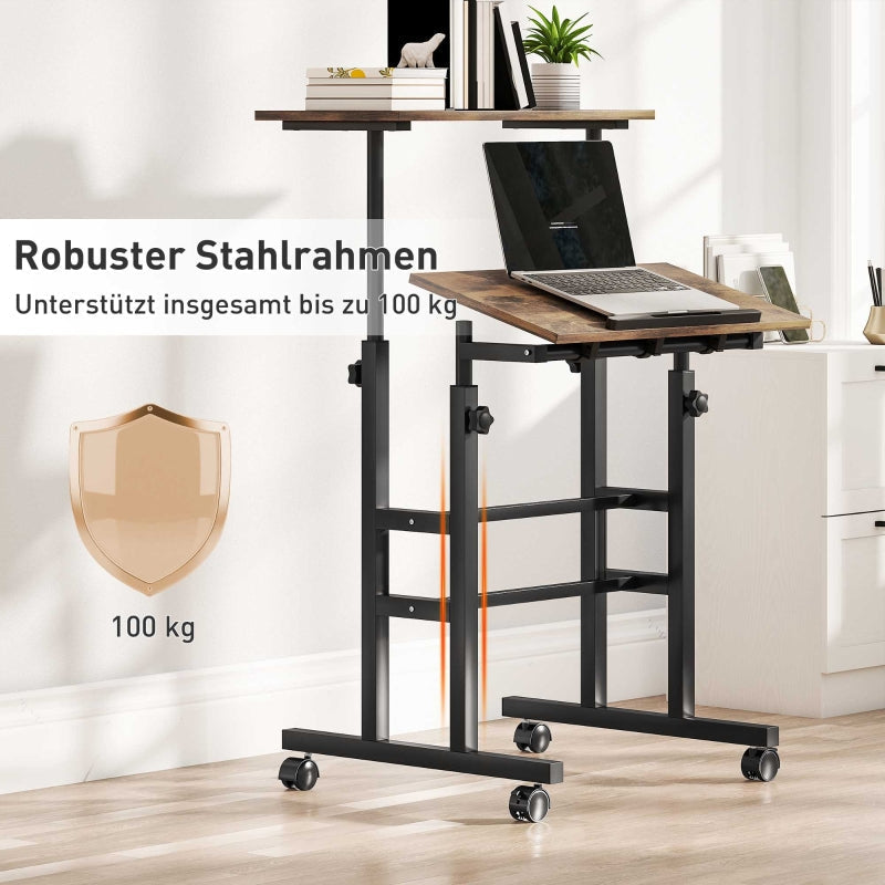 Height-Adjustable Desk 60x60cm Shelf Casters - Rustic Brown