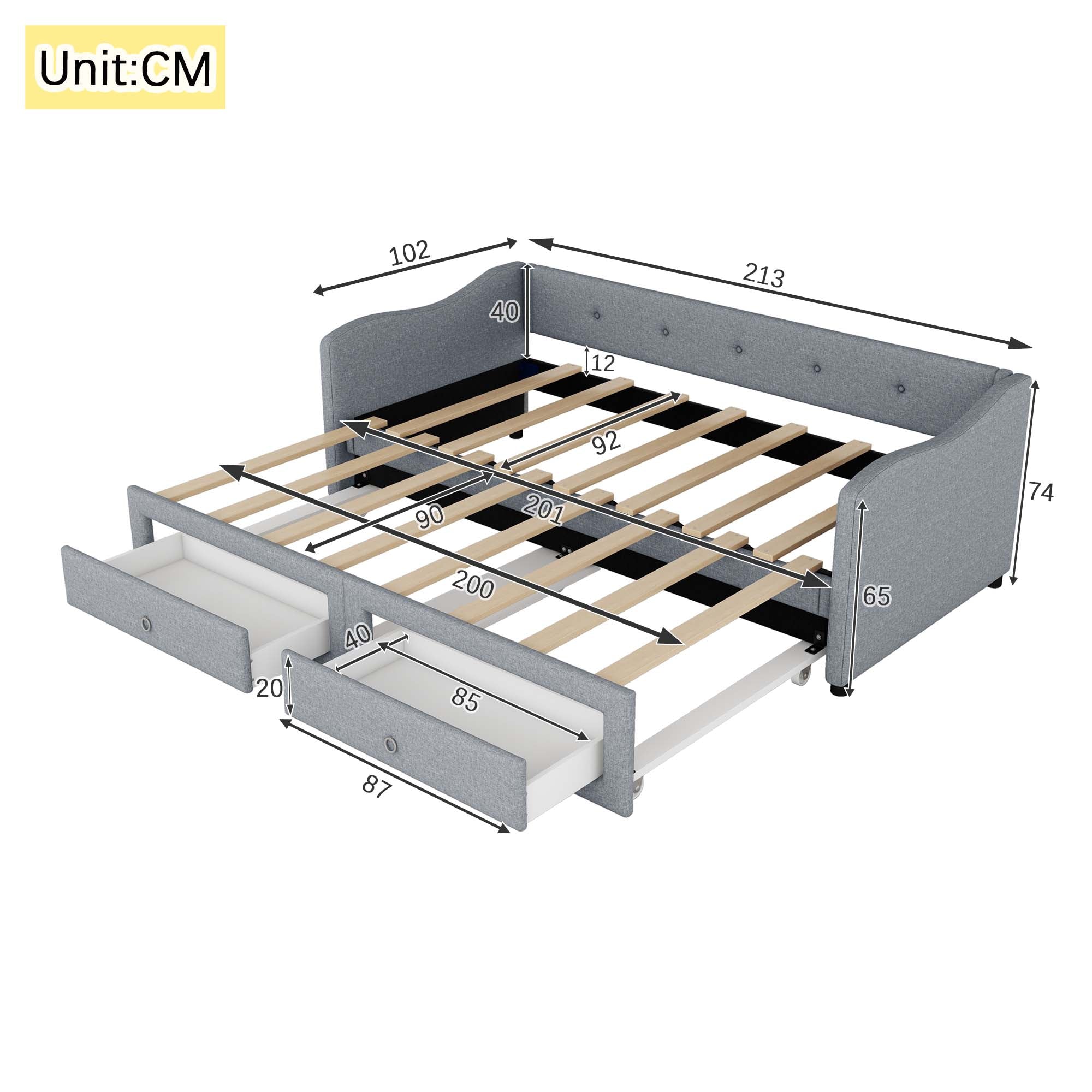 Daybed Sofa Bed 90x200cm Pull-out Bed 2 Drawers - Linen Grey