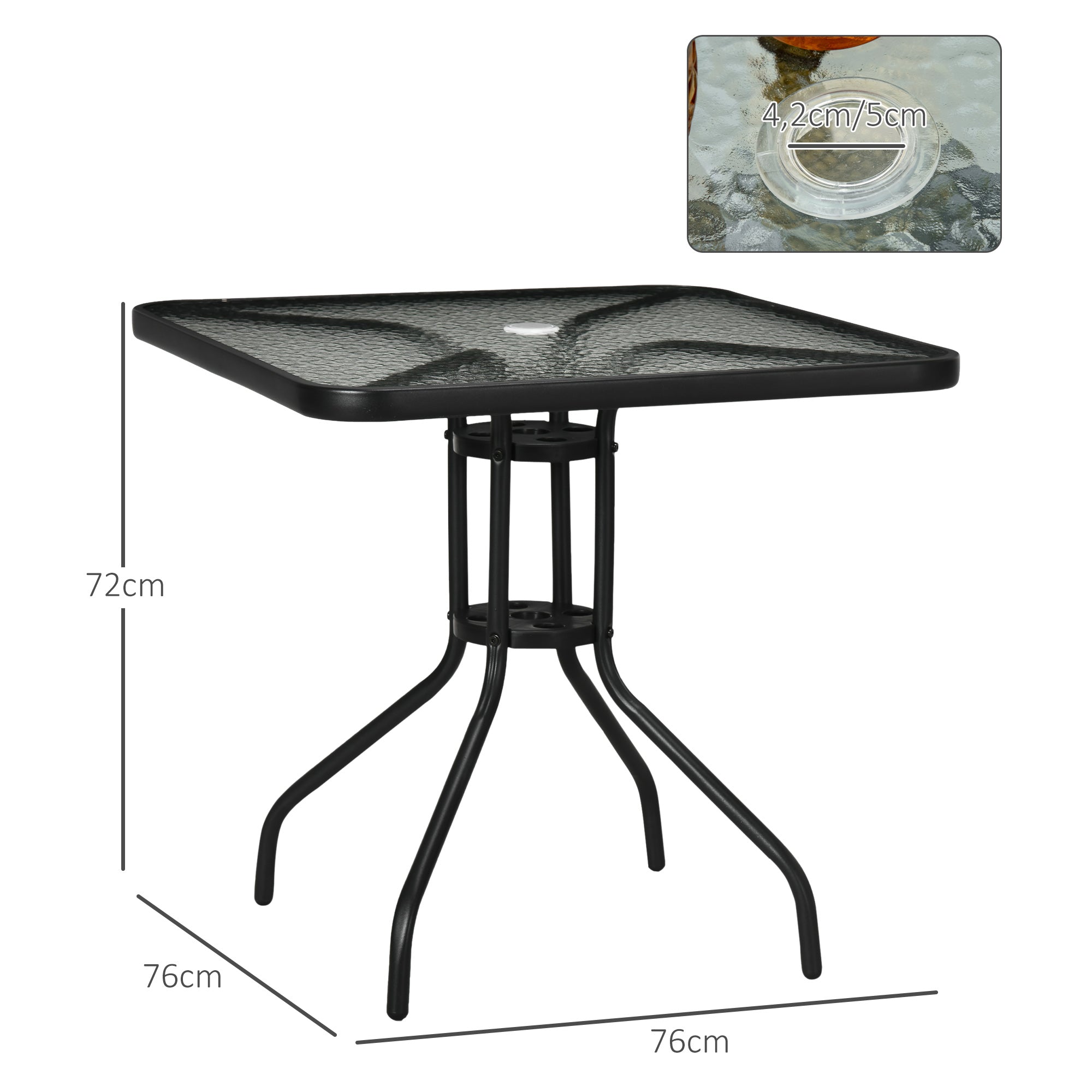 Garden Table Detachable 76x76cm Square Weatherproof with Parasol Hole, Metal Black