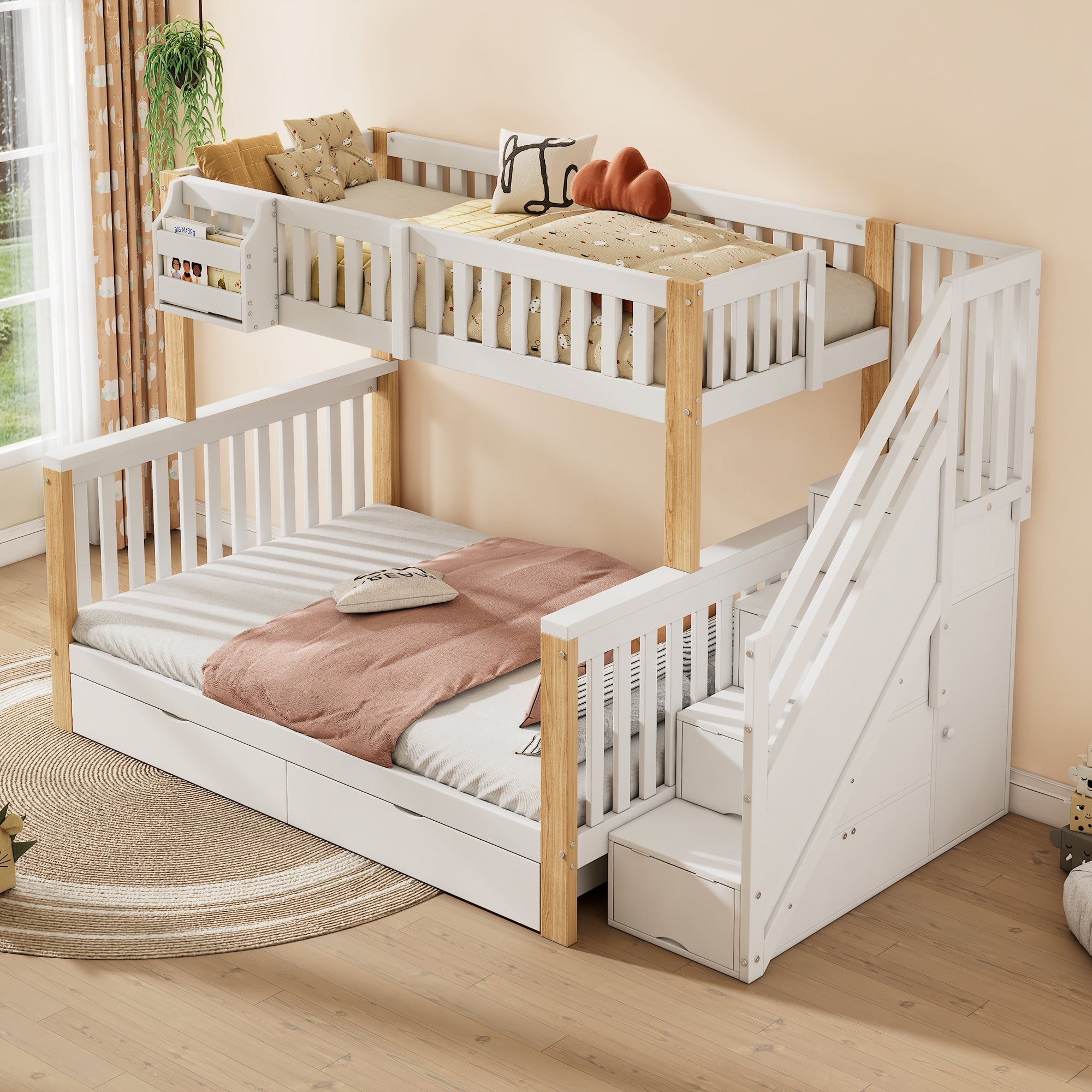 Children's Bunk Bed, Multifunctional Double Bed with Storage, White + Natural Color