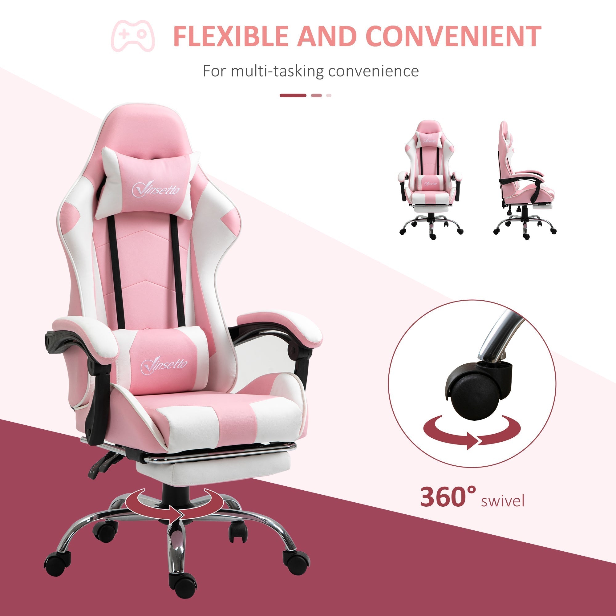 Ergonomic Gaming Chair: Reclining with Footrest, Lumbar Support, Adjustable Height - Pink PU Leather