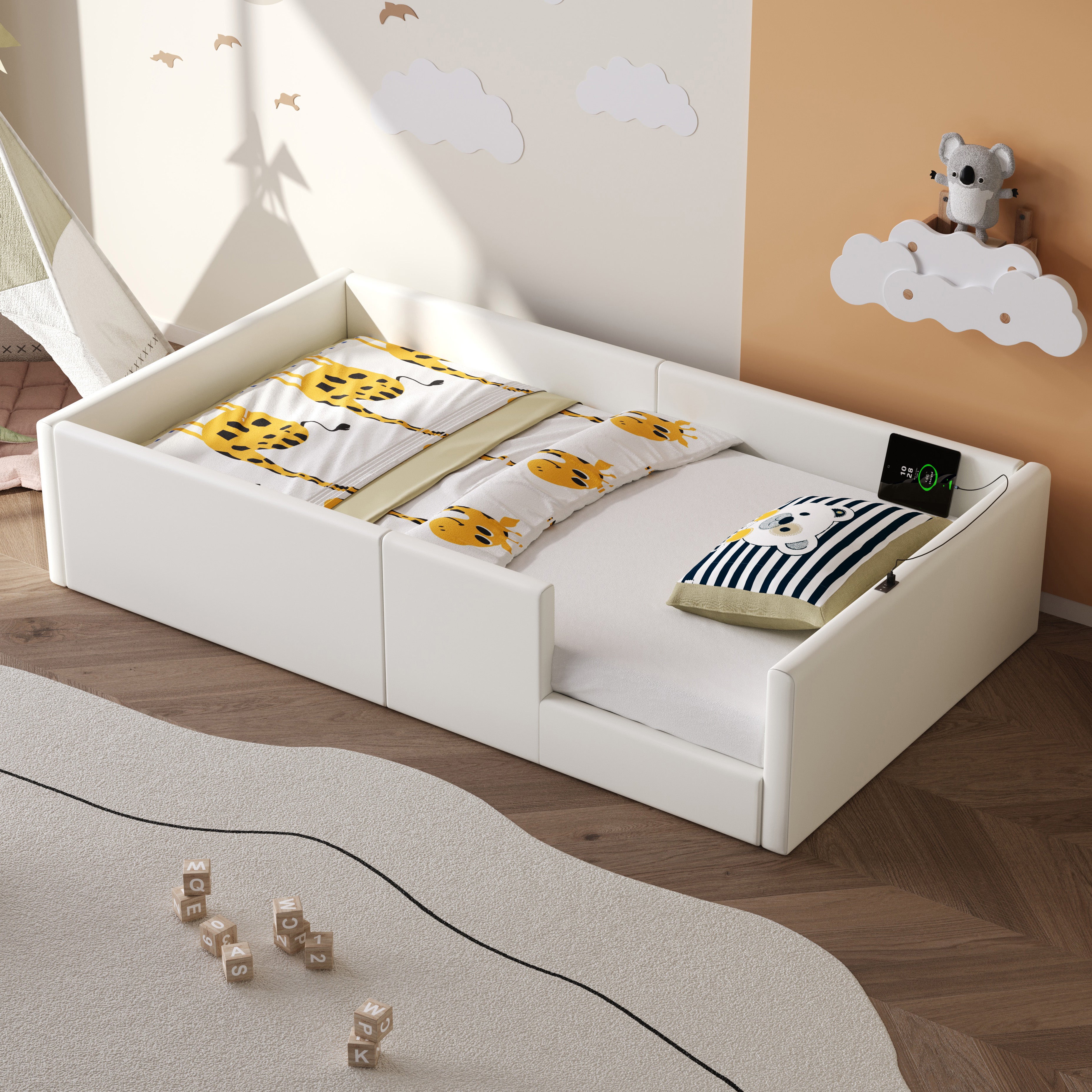 Upholstered Platform Bed with Safety Railing and Charging Station, 90x200cm, White Velvet