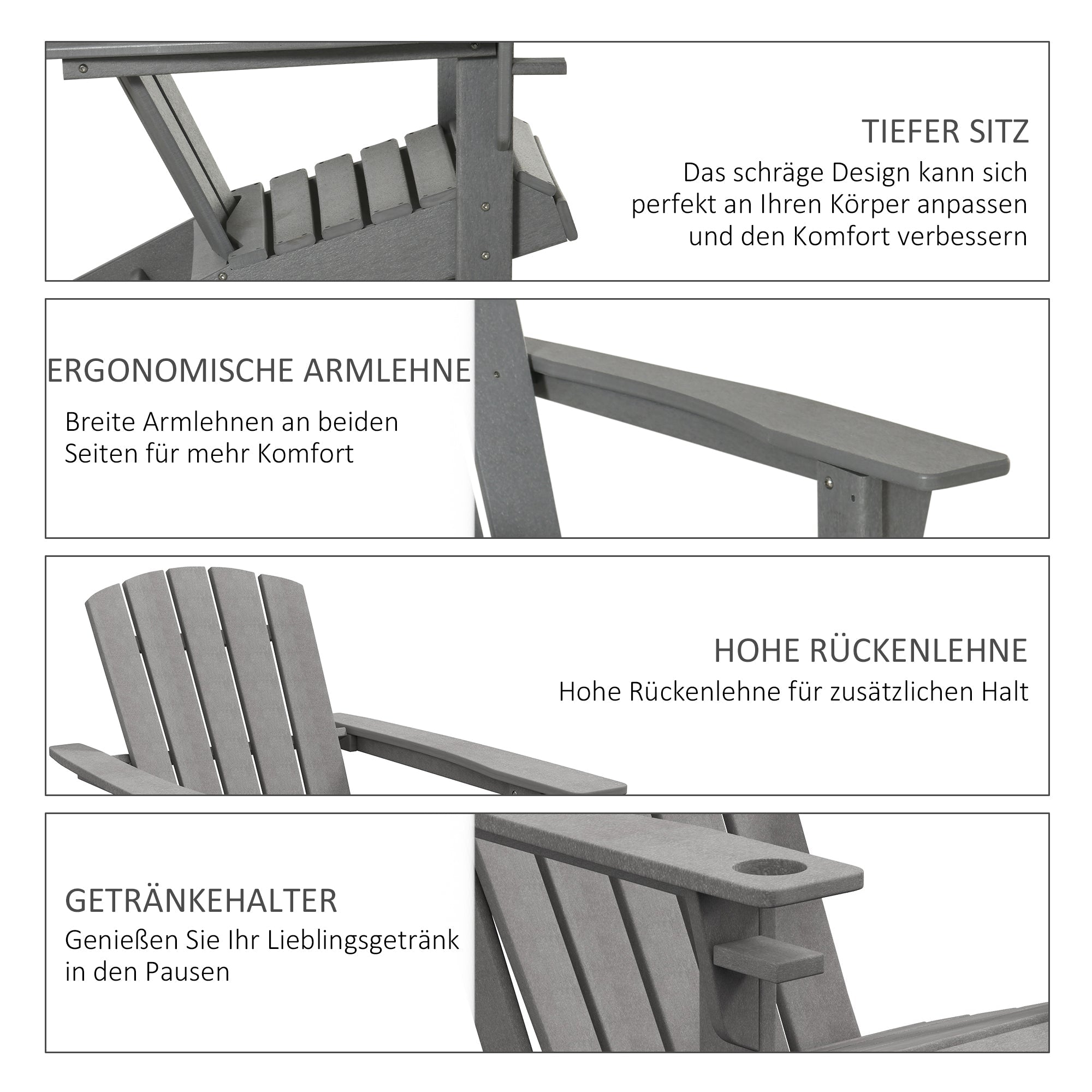 Adirondack Garden Chair, Drink Holder, Plastic Armchair, Grey