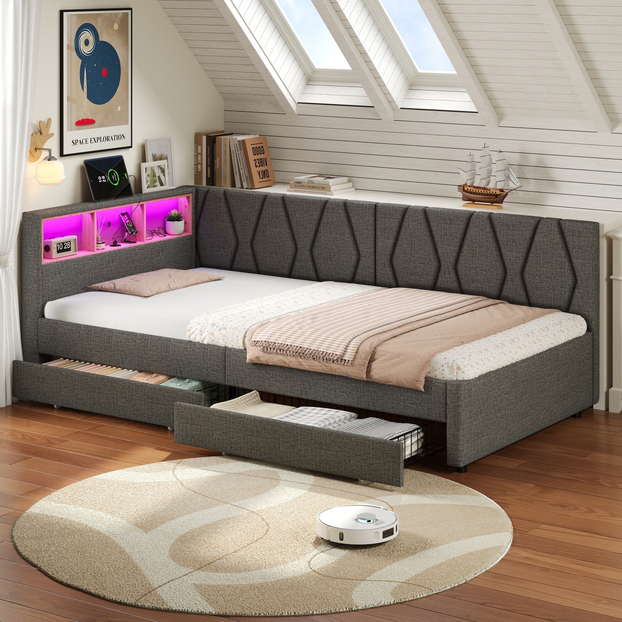 3ft Single Daybed with Two Storage Drawers, LED Modern Bed frame with Charging Station, Linen Sofa Bed, Grey