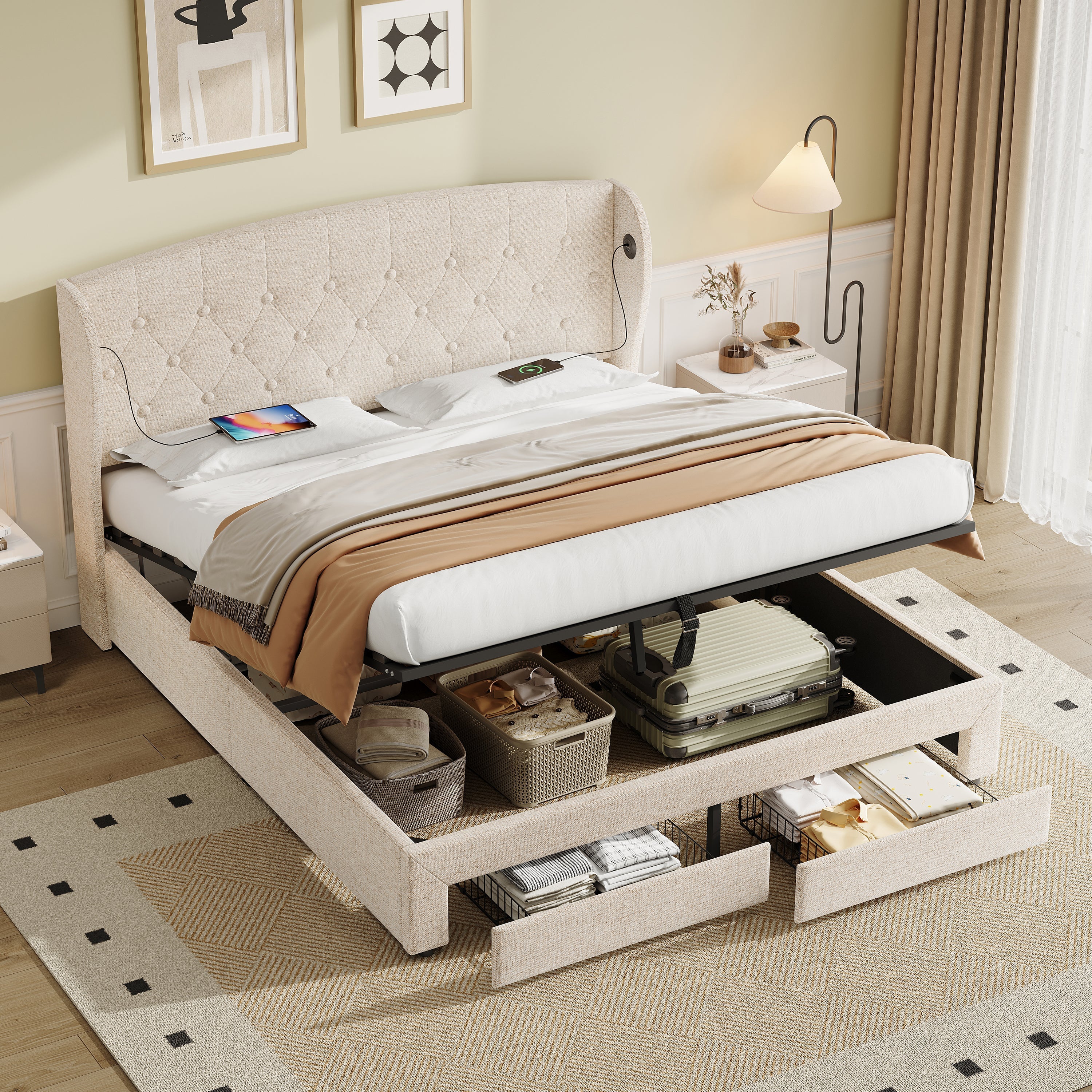 Double Upholstered Bed with Hydraulic and Drawers Storage, Charging Station, Linen, Beige