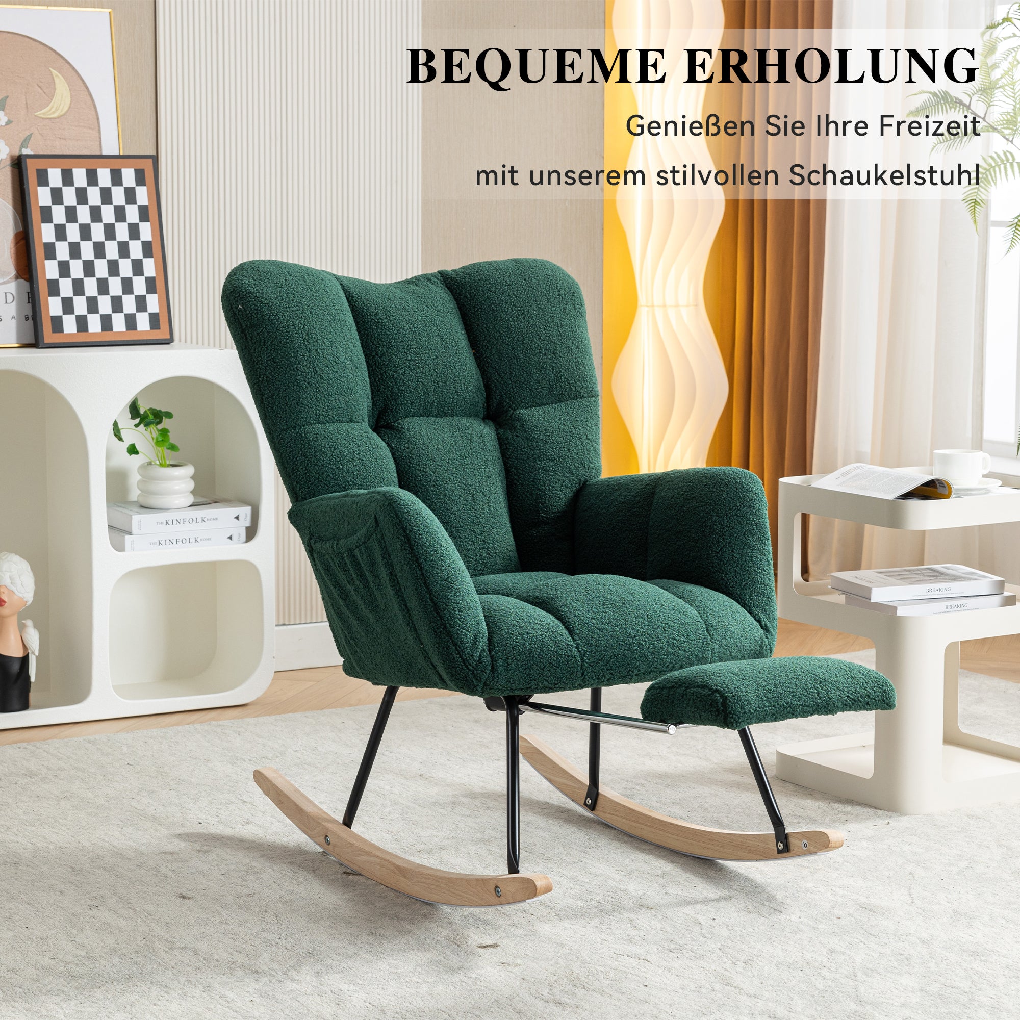 009B Rocking Chair, Modern Upholstered, Extendable Footrest, Green Teddy Fabric