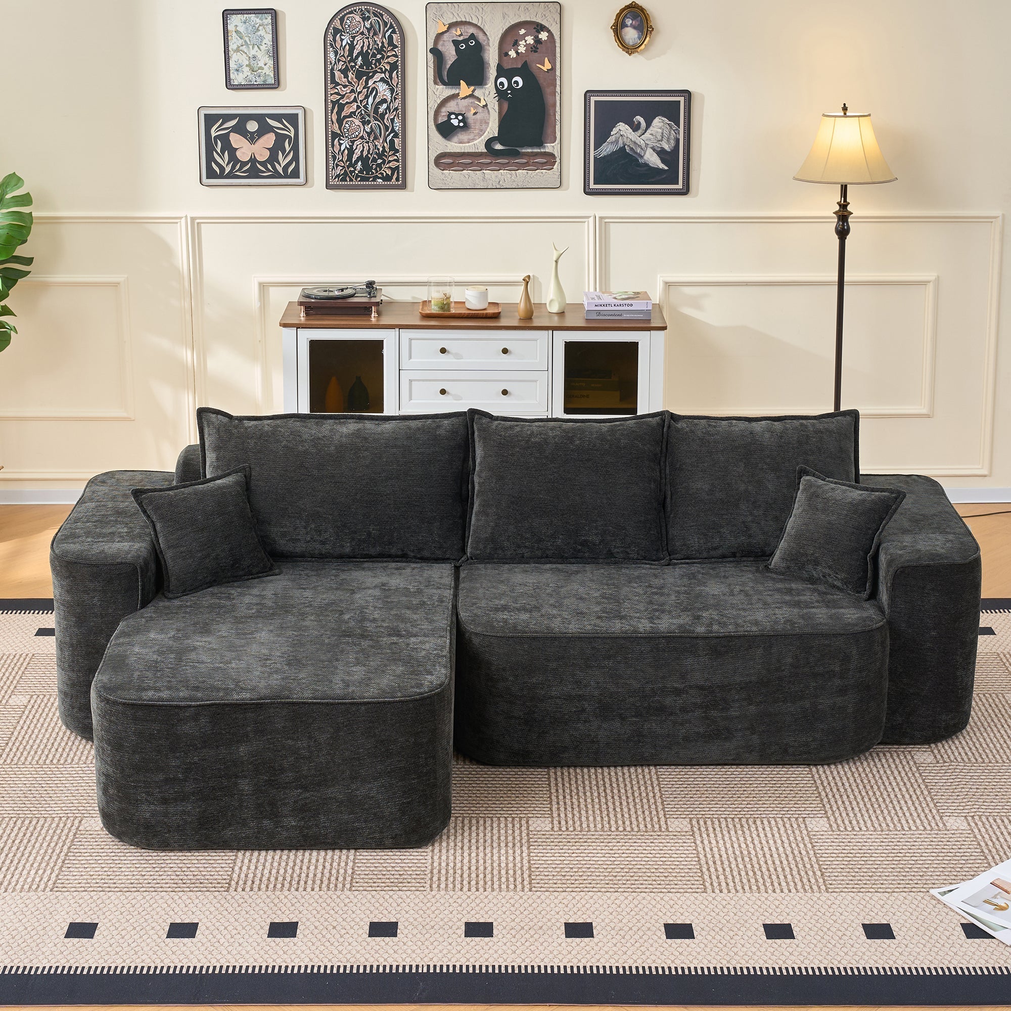 Cloud Sofa L-Shaped Corner Sofa with Chaise Longue and XXL Deep Seat, Black Chenille