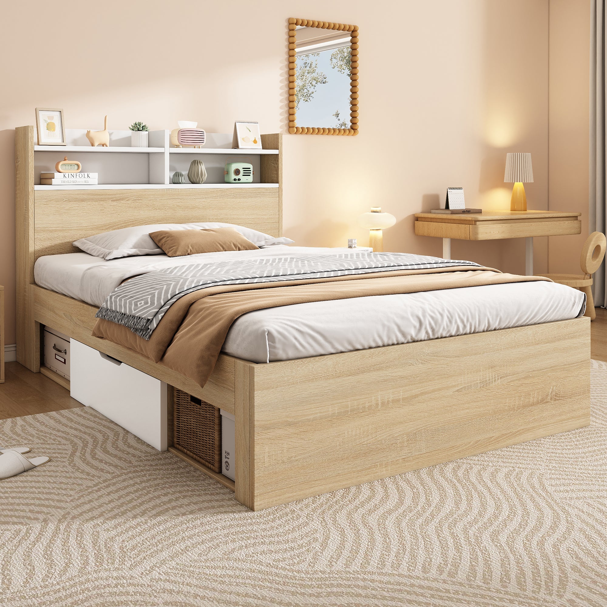 Wooden Single Bed with Headboard Shelf, 2 Drawers and Mattress, 90x200cm, White and Oak Solid Wood