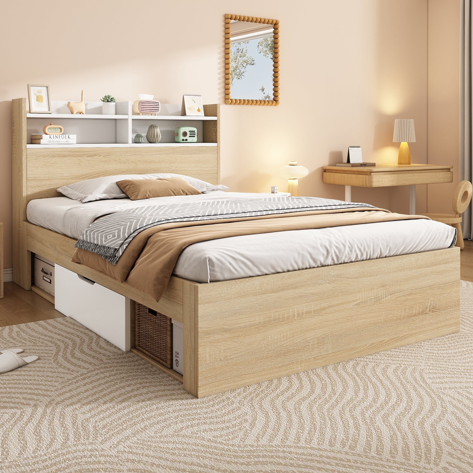 Wooden Single Bed with Headboard Shelf, 2 Drawers and Mattress, 90x200cm, White and Oak Solid Wood