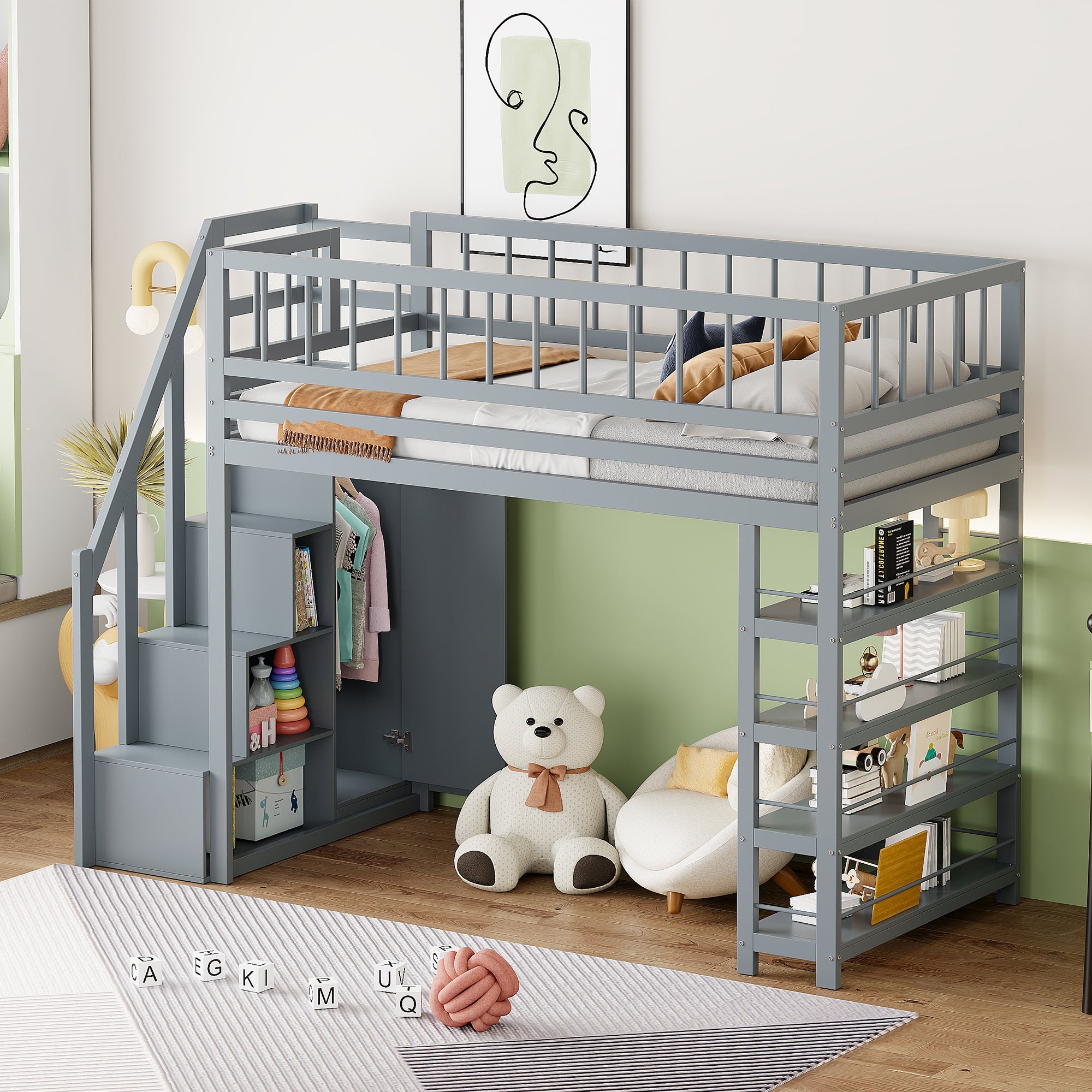 Loft Bed, 90 x 200, Wardrobe, Shelves, Storage, Safety Ladder, Solid Wood, Grey