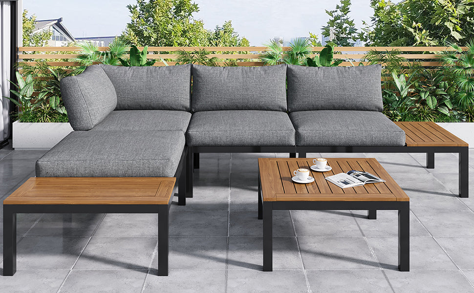 Outdoor Patio & Backyard Furniture Garden Lounge Set for 4, Space Saving L-Shaped Corner Sofa with Wooden Table, Grey