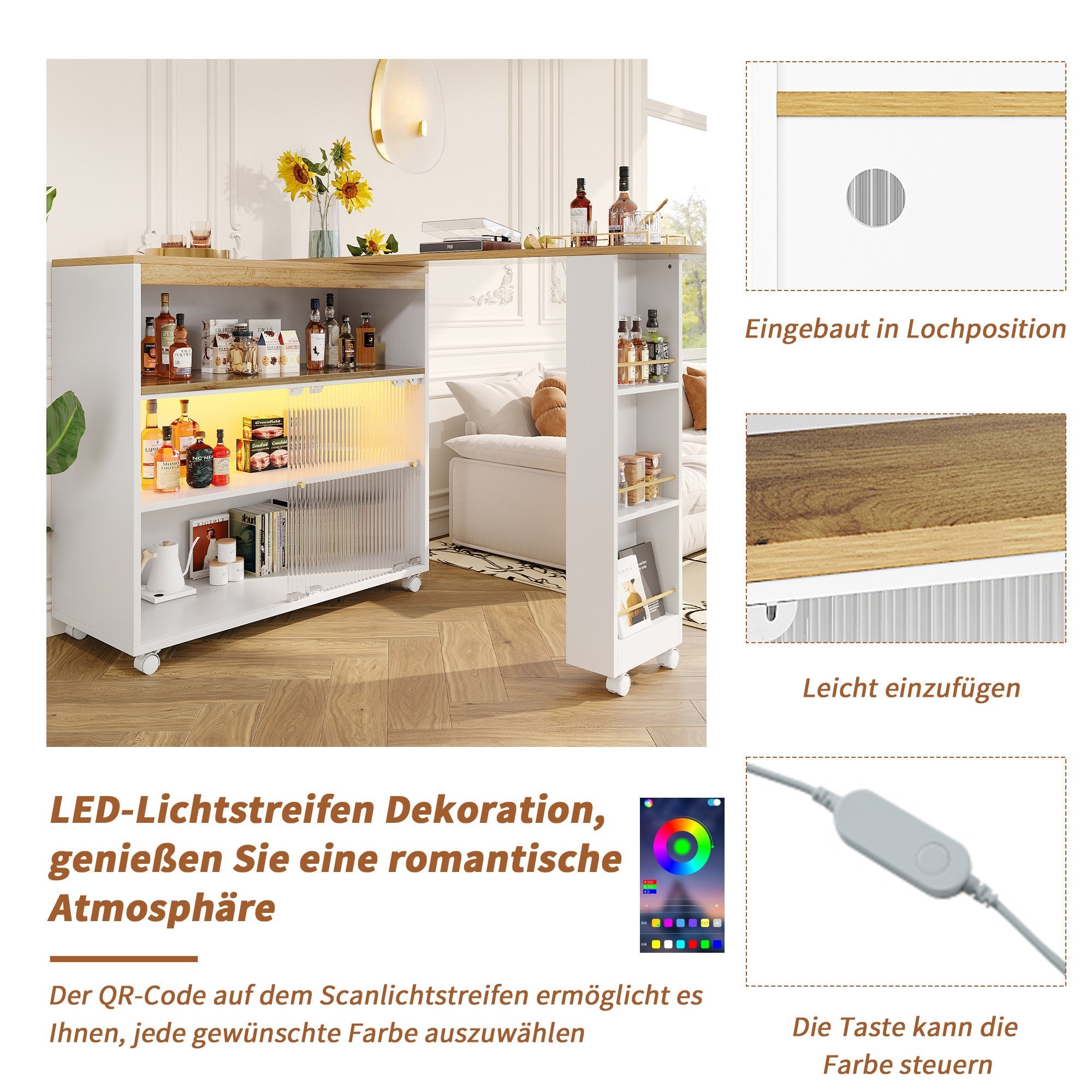 Extendable Bar Table, Movable Telescopic with LED, White