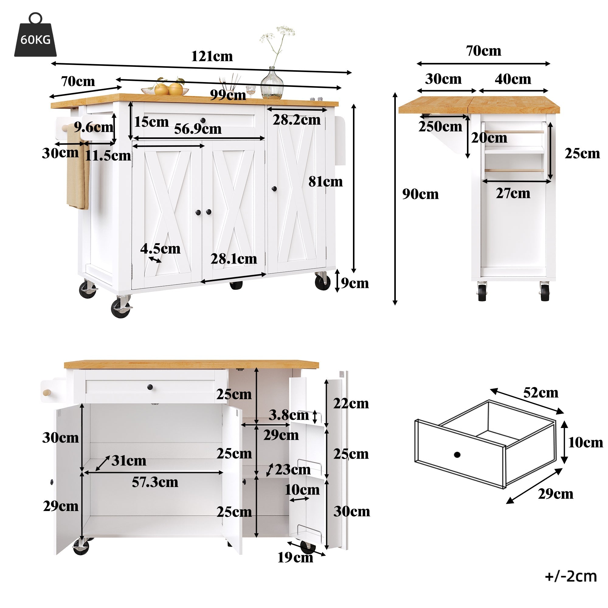 Mobile Kitchen Island with Foldable Table and Storage Drawers, White MDF