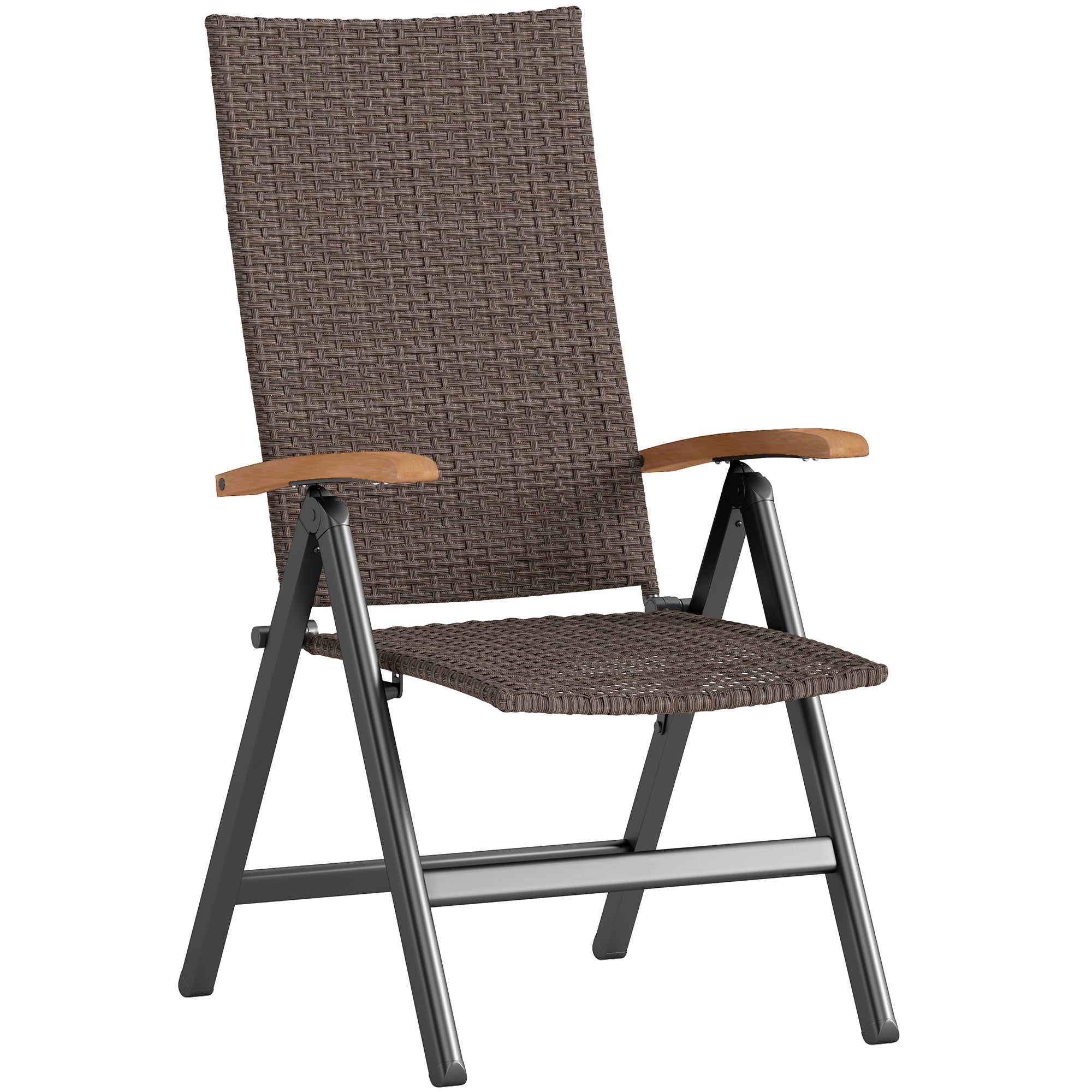 Folding Rattan Garden Dining Chair, 5-level Reclining High Back Wood Armrests, Brown