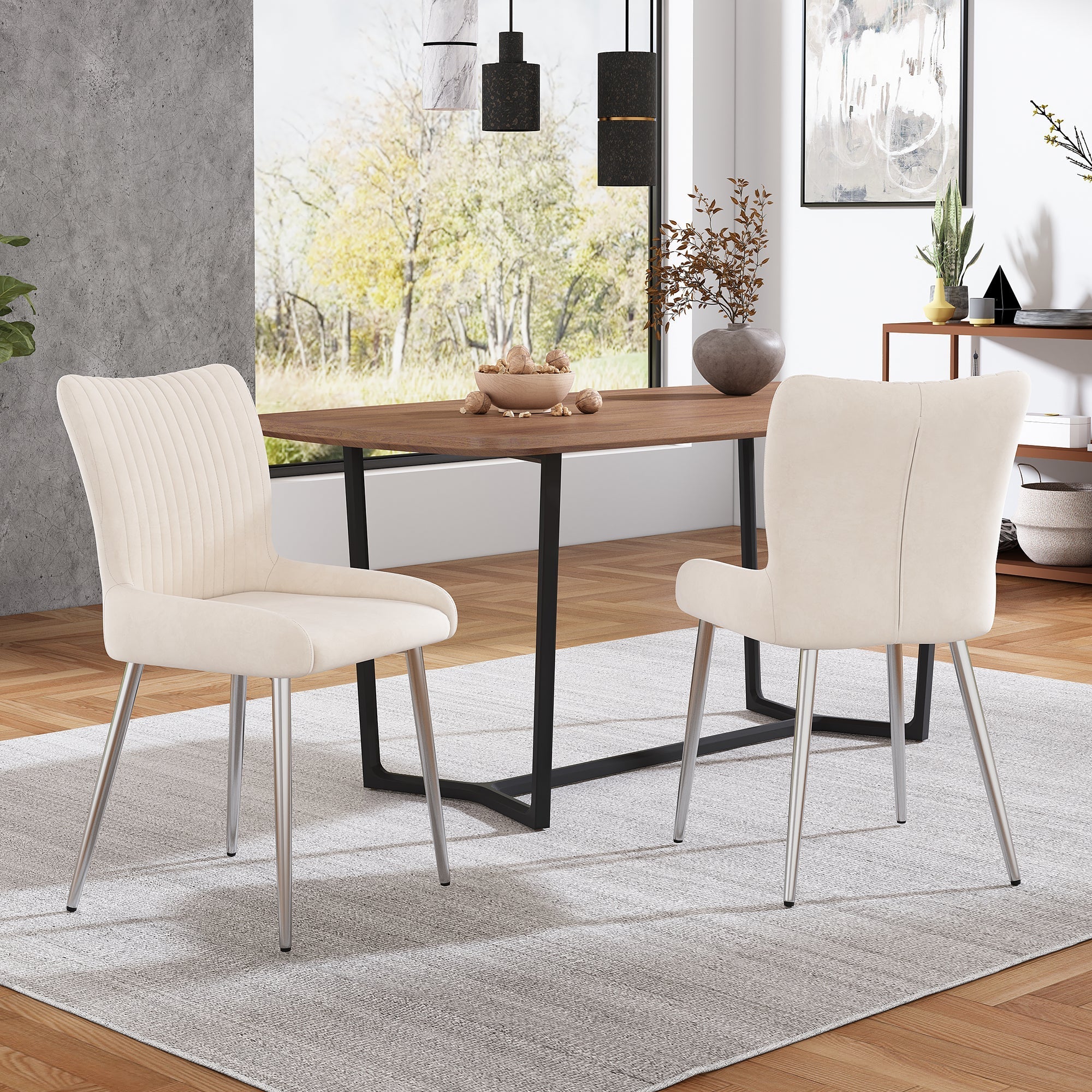 Velvet Dining Chair Set of 2 with Lumbar Support and Silver Metal Legs, Beige