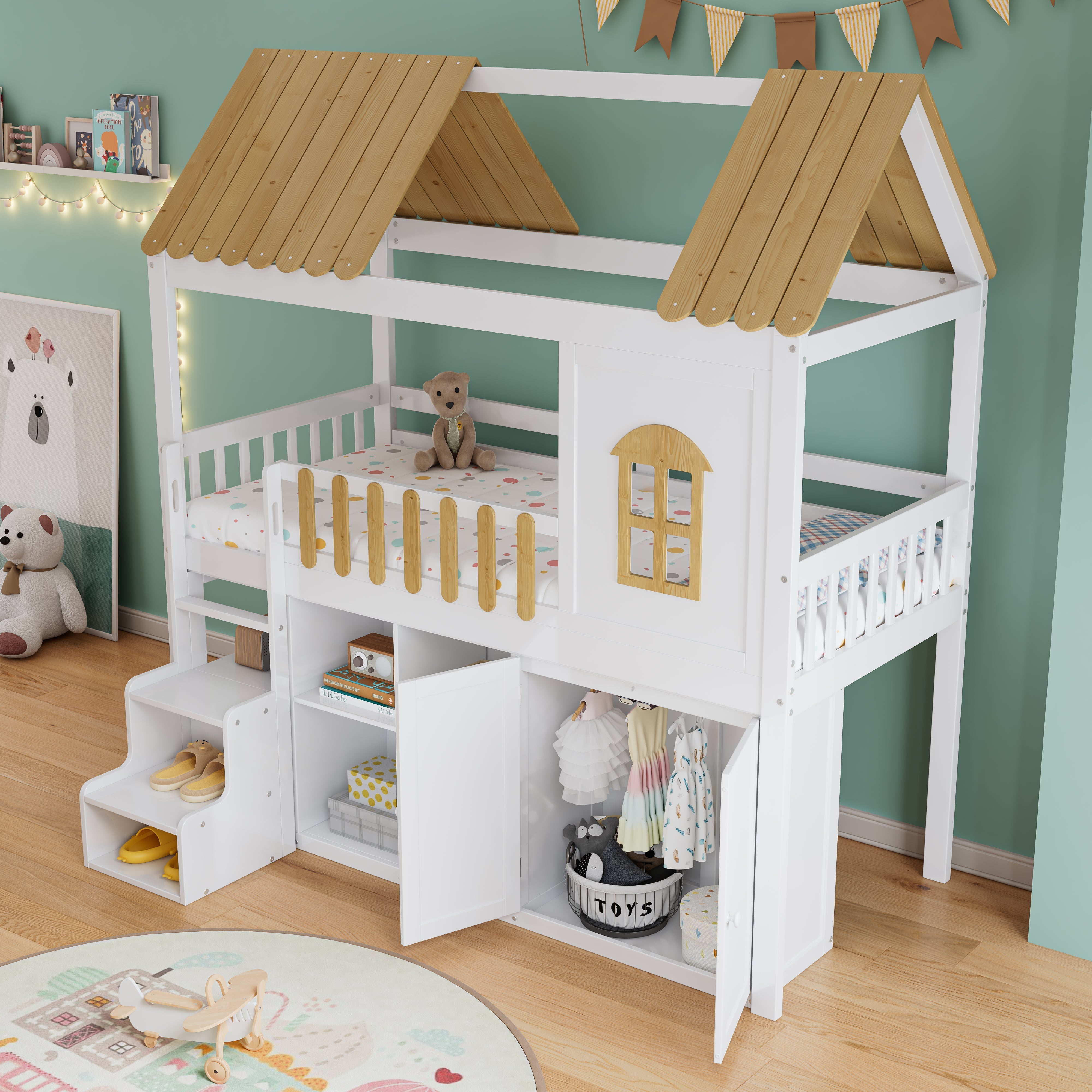 Bunk Bed, Storage, Wardrobe, Shoe Cabinet, Safe Steps, Pine, White & Natural